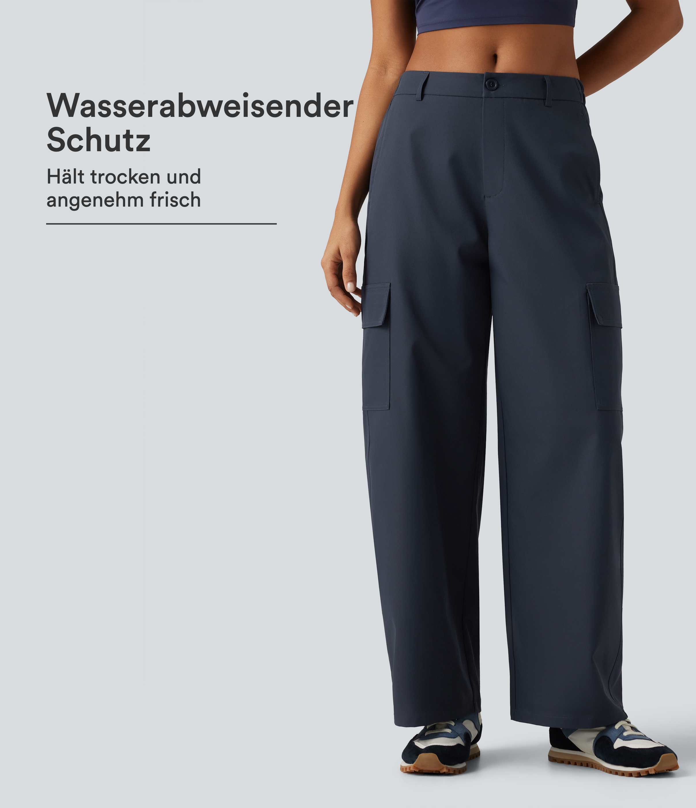 Wander-Cargohose mit mittelhohem Bund, mehreren Taschen und weitem Bein - wasserabweisend, strapazierfähig