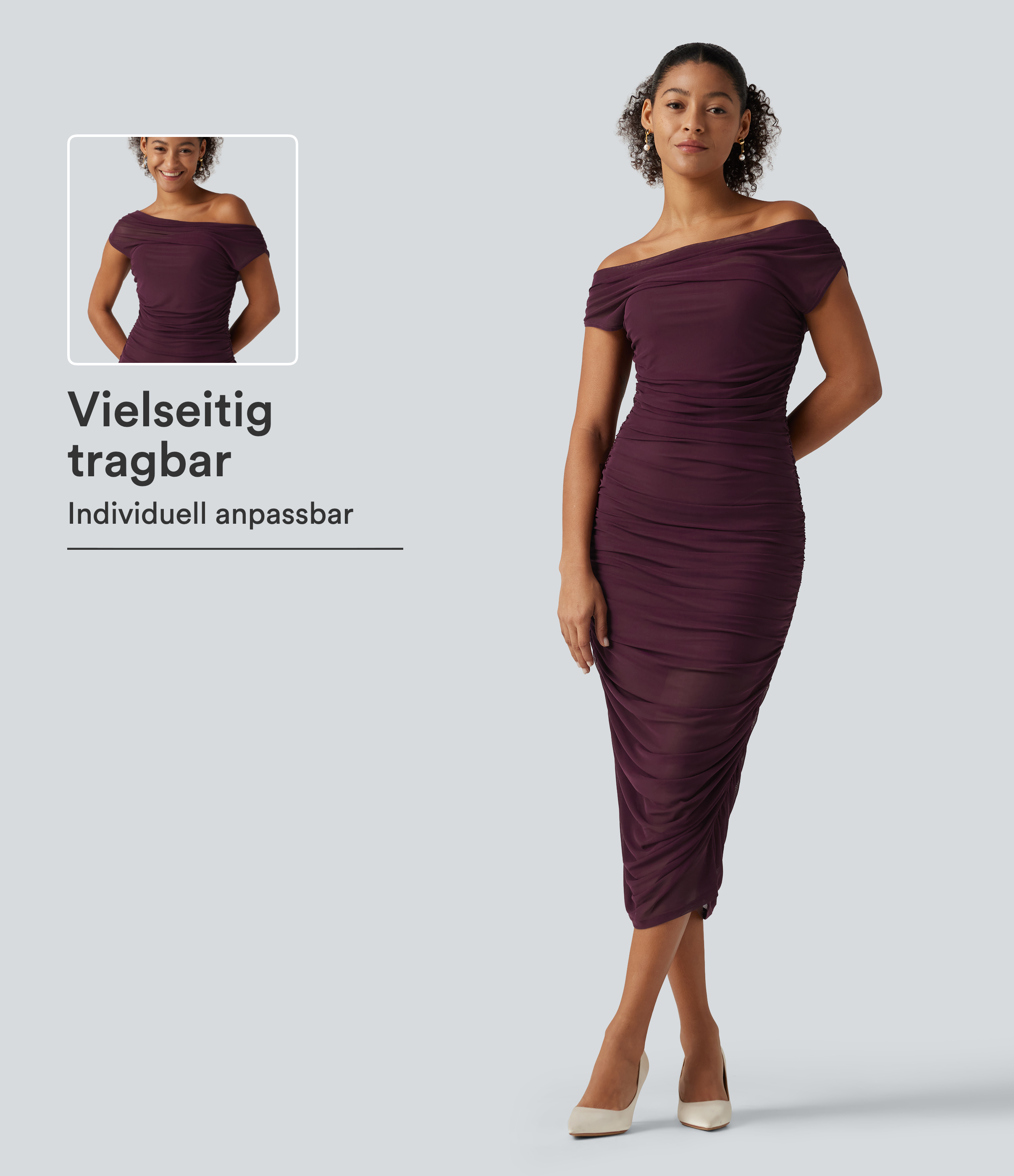 Red Mahogany SoftlyZero™ robe midi de soirée moulante en mesh froncé, à épaules dénudées / 1