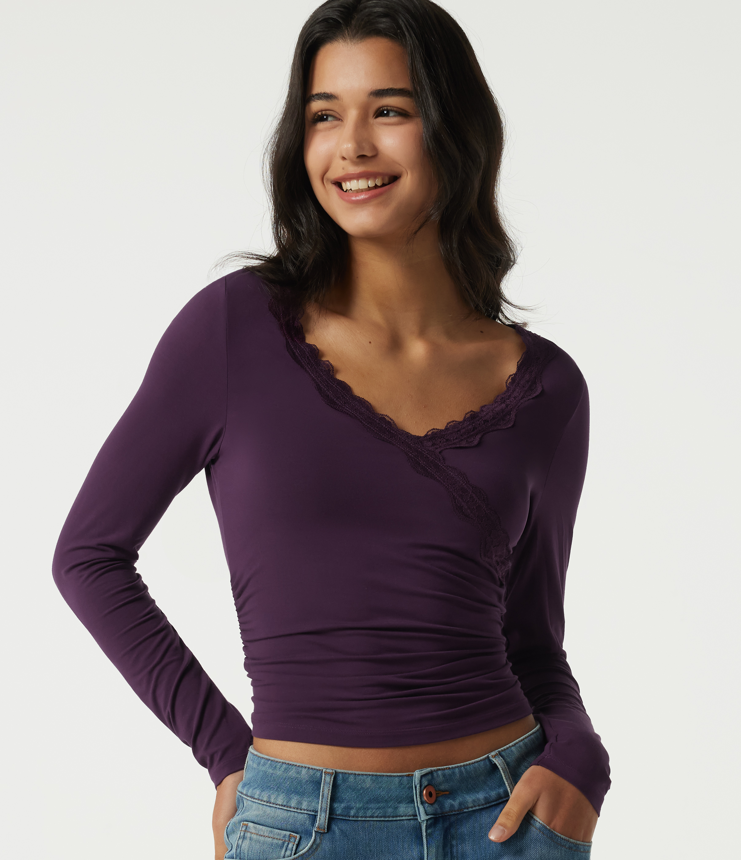 V Neck Long Sleeve Ruched Contrast Lace Casual Top