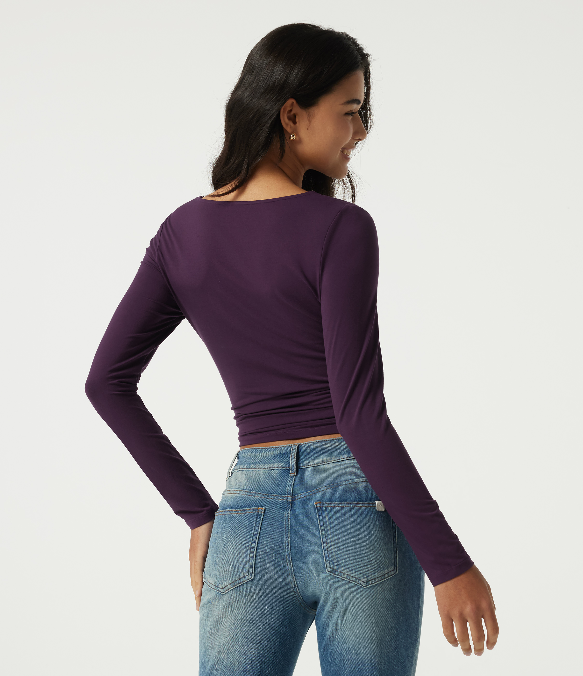 Potent Purple Top casual con scollo a V, maniche lunghe, arricciato con pizzo a contrasto / 2