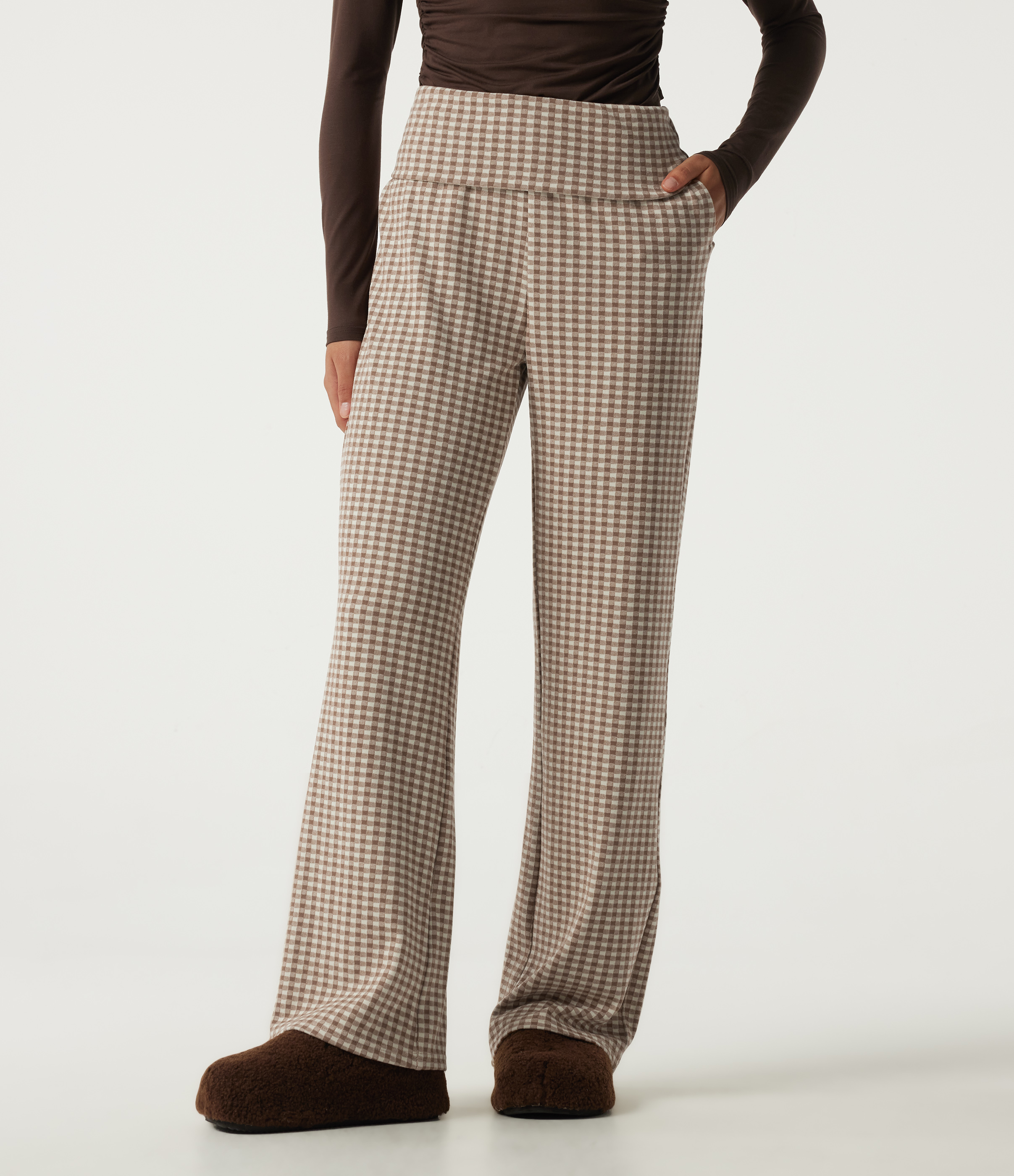 Mid Rise Foldover Wide Leg Plaid Lounge Pants with Pockets