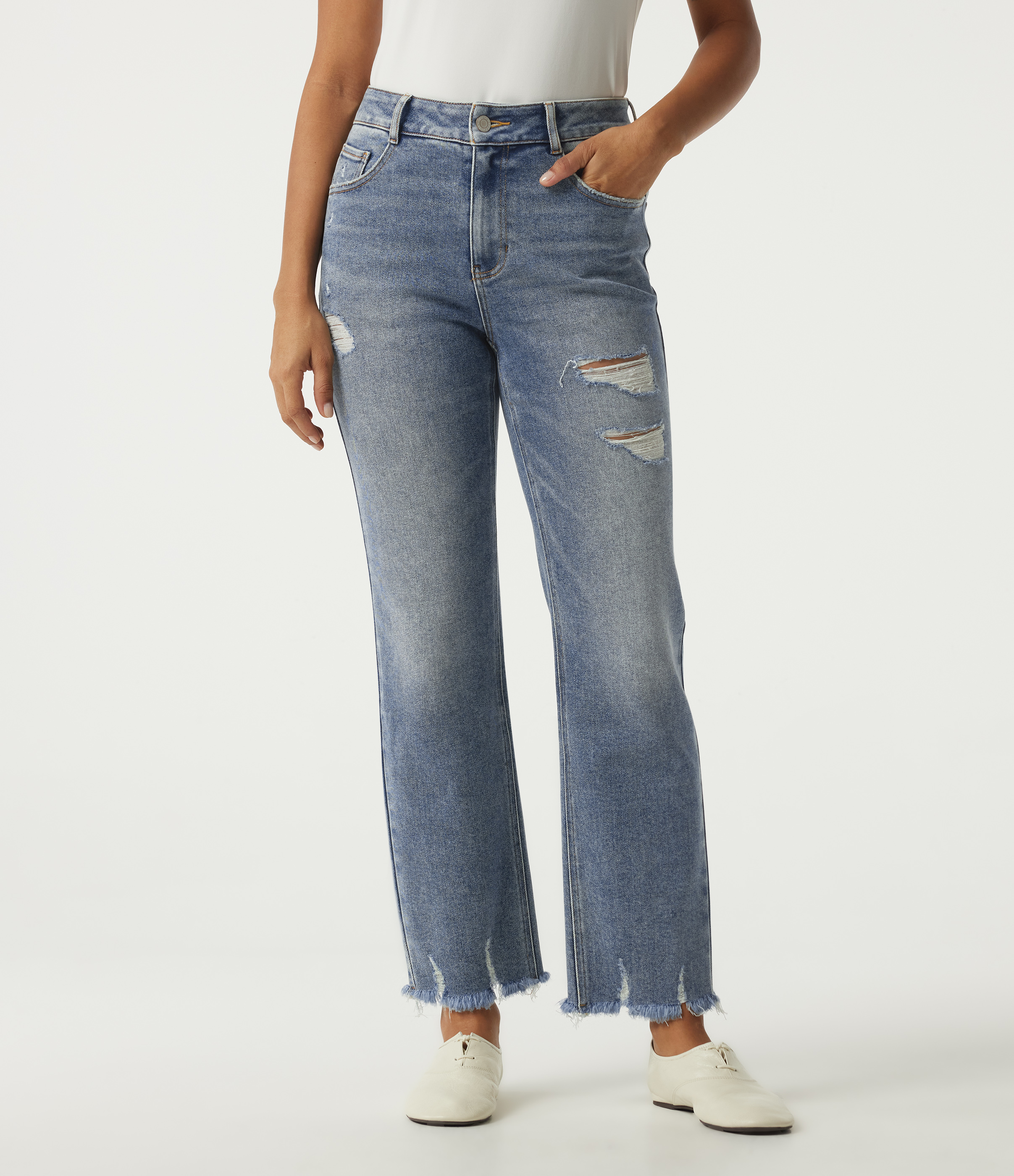 Casual katoenen jeans met hoge taille, rechte pijpen en zakken