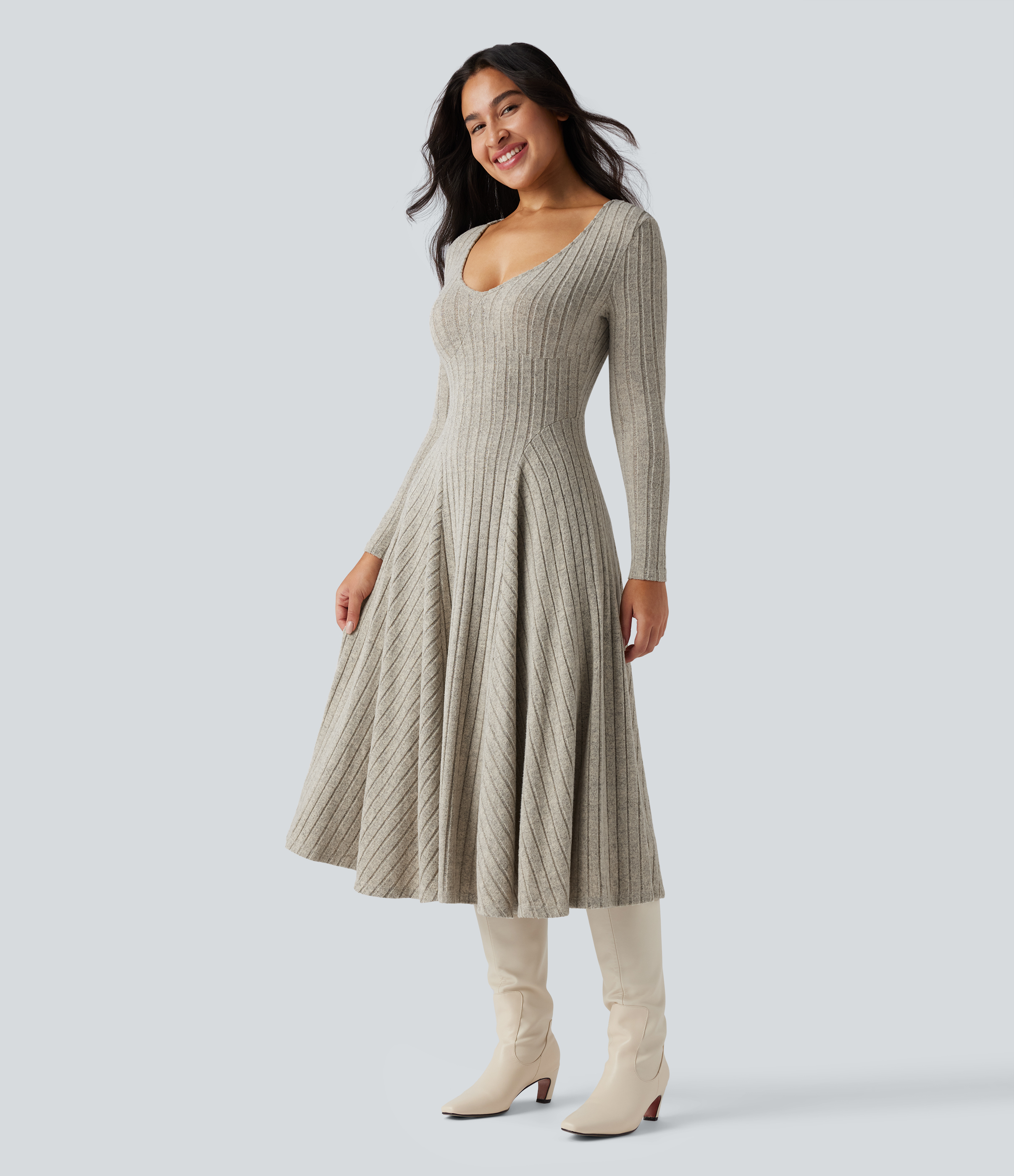 Ribbed Knit V Neck Long Sleeve Flare Midi Casual Dress with Pockets