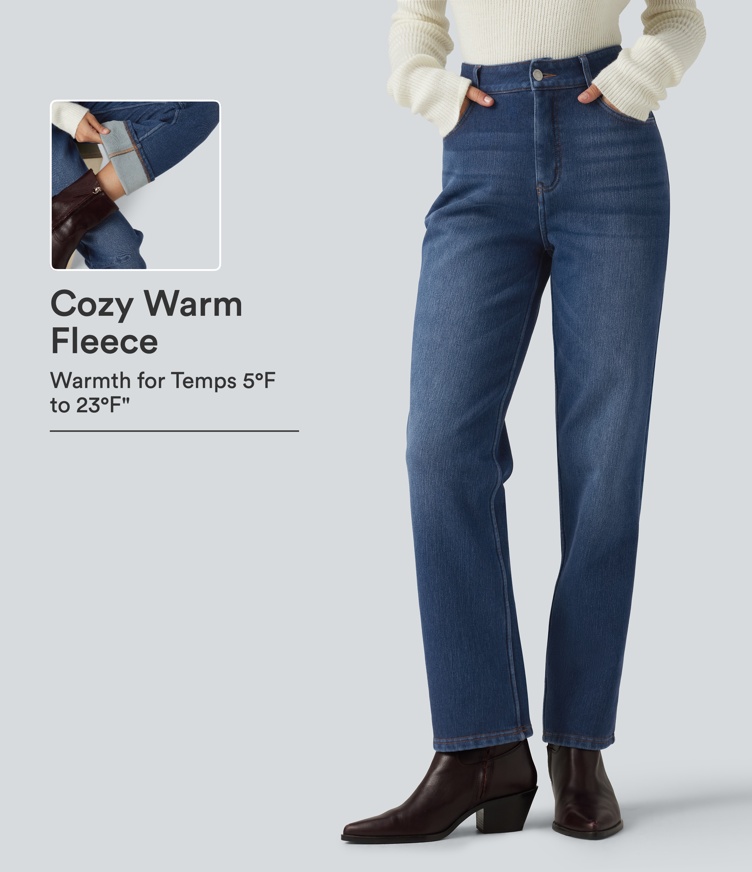 Mid Rise Straight Leg Fleece Casual Cotton Jeans with Pockets