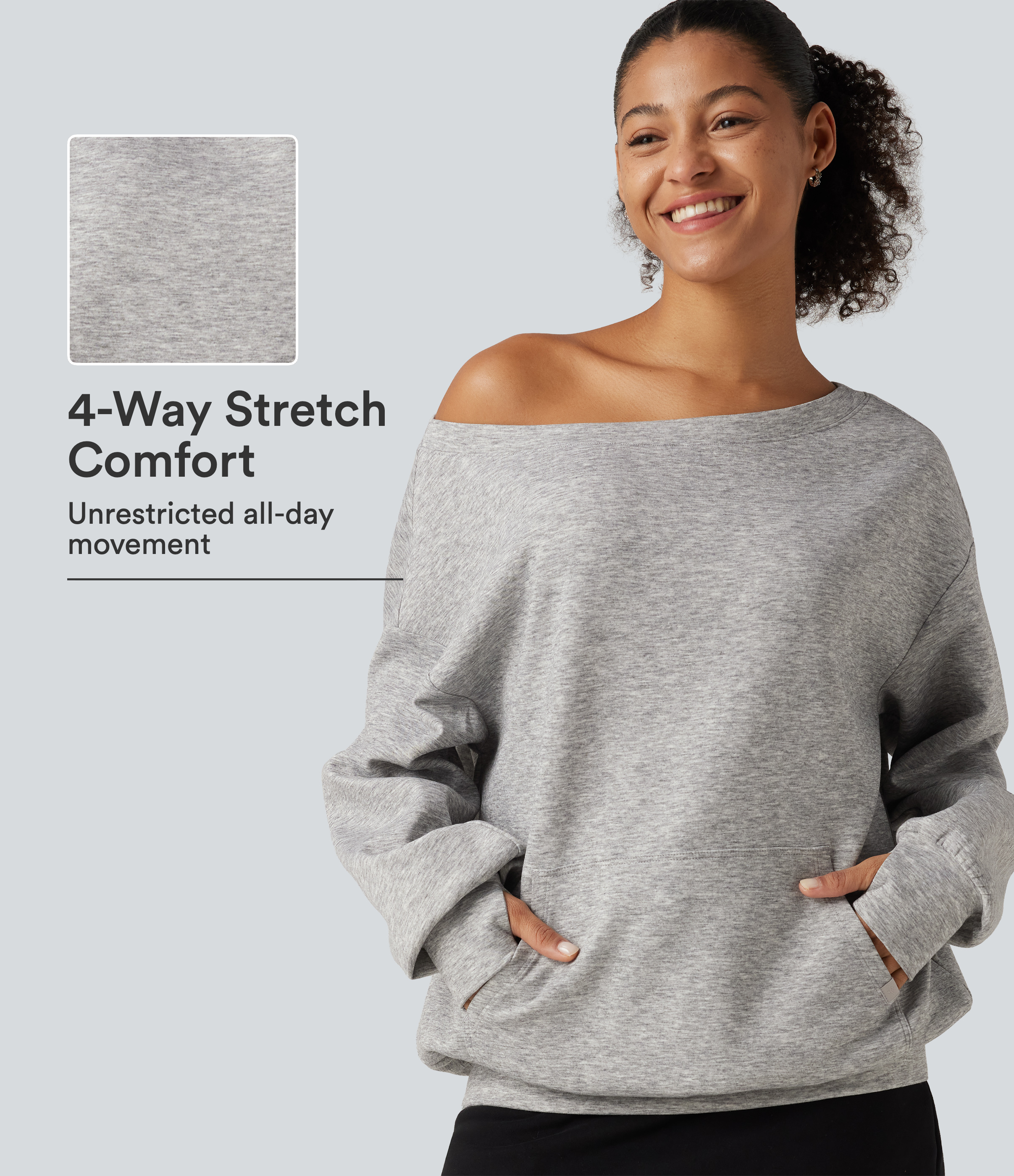 One Shoulder Long Sleeve Pullover Casual Sweatshirt with Pocket and Thumbholes