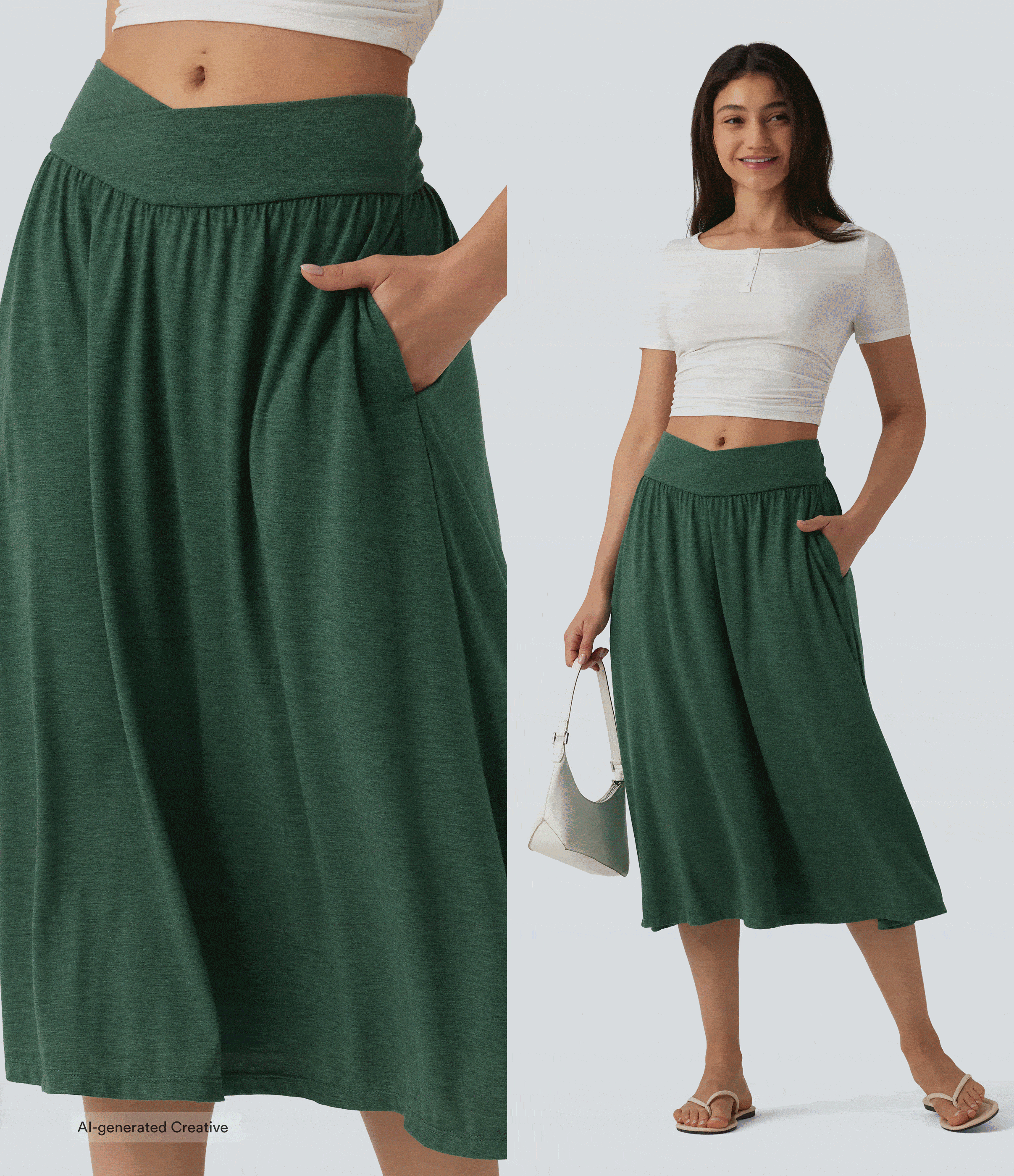 Emerald Floral Yarn High Waisted Crossover Flowy Midi Casual Skirt with Pockets / 2