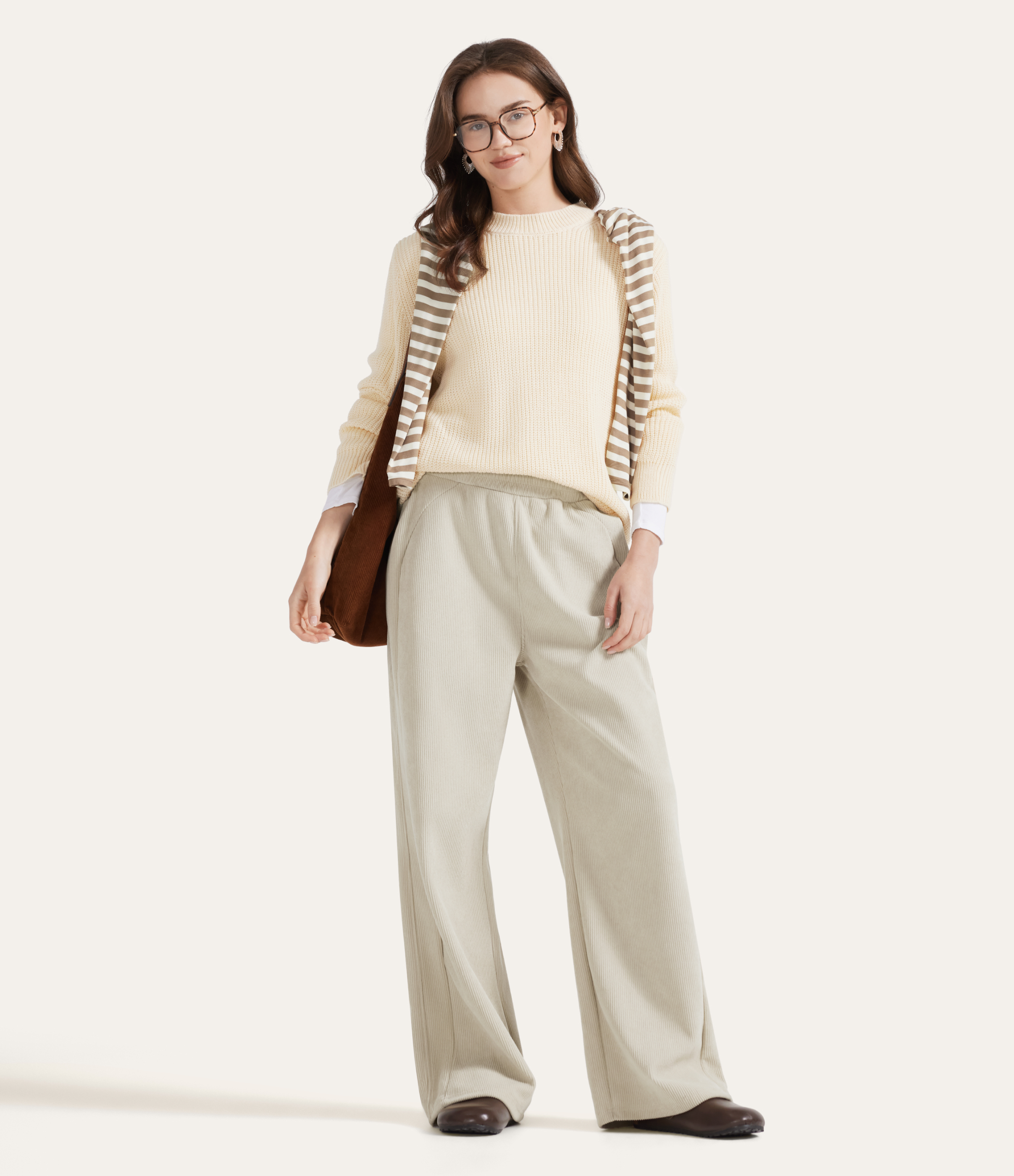 Almond Milk High Waisted Pocket Straight Leg Mop Corduroy Casual Trousers / 2