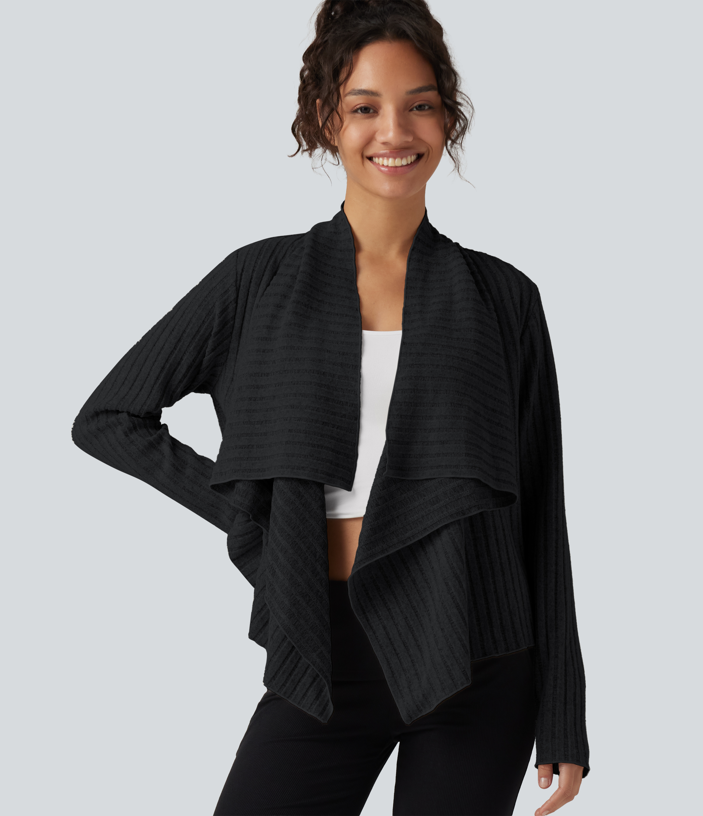 Ashrock Black Cardigan ouvert en maille côtelée à col et manches longues / 1