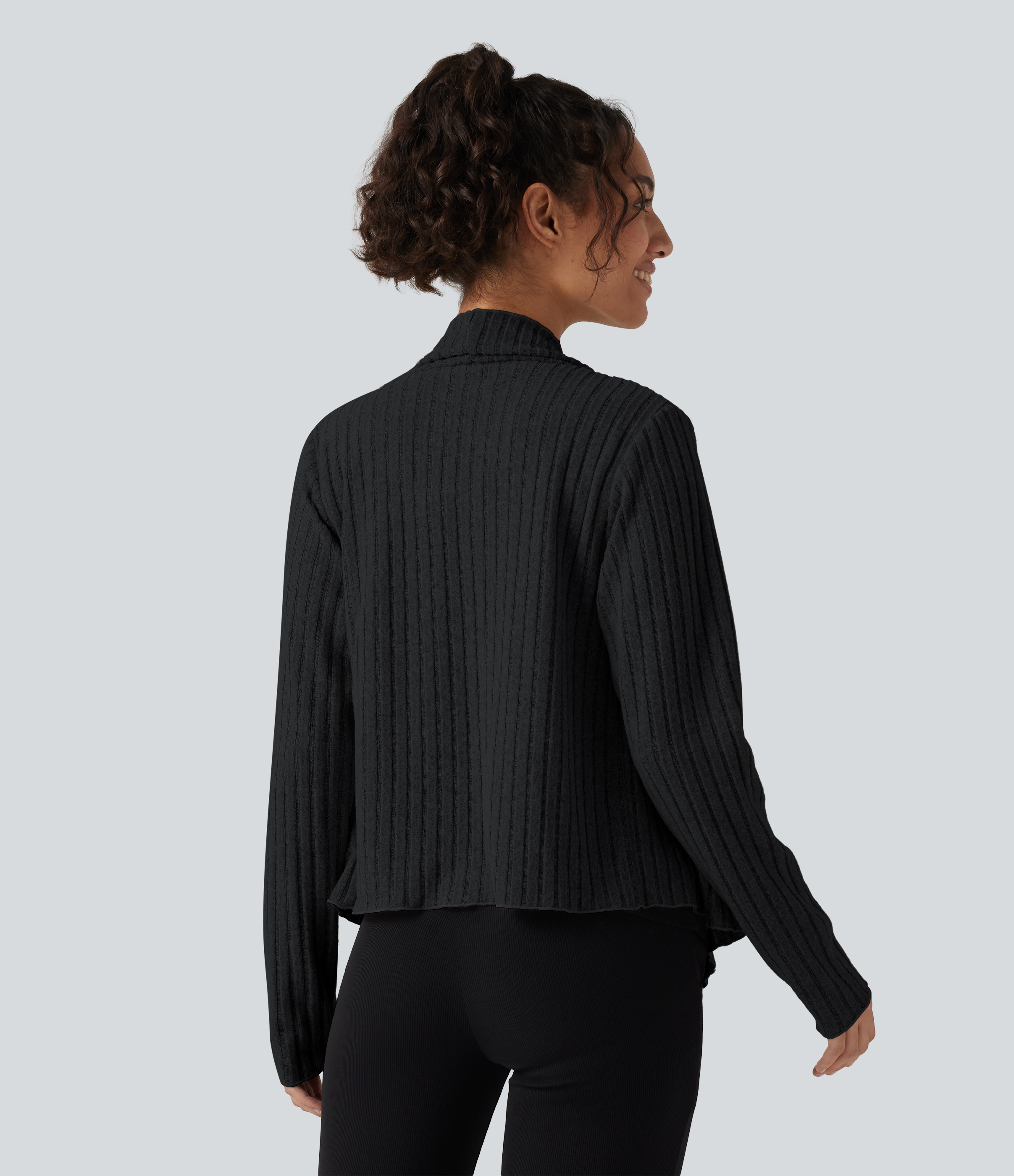 Ashrock Black Cardigan ouvert en maille côtelée à col et manches longues / 2