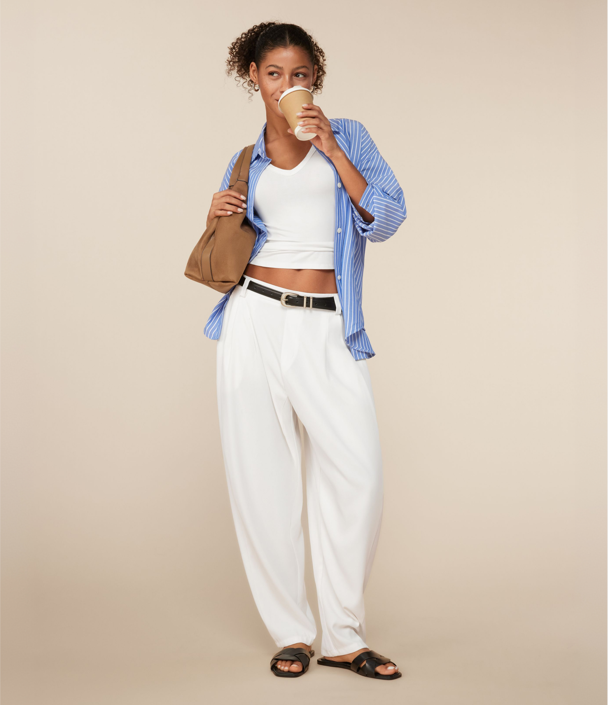 White Mid Rise Pocket Barrel Leg Work Trousers / 2