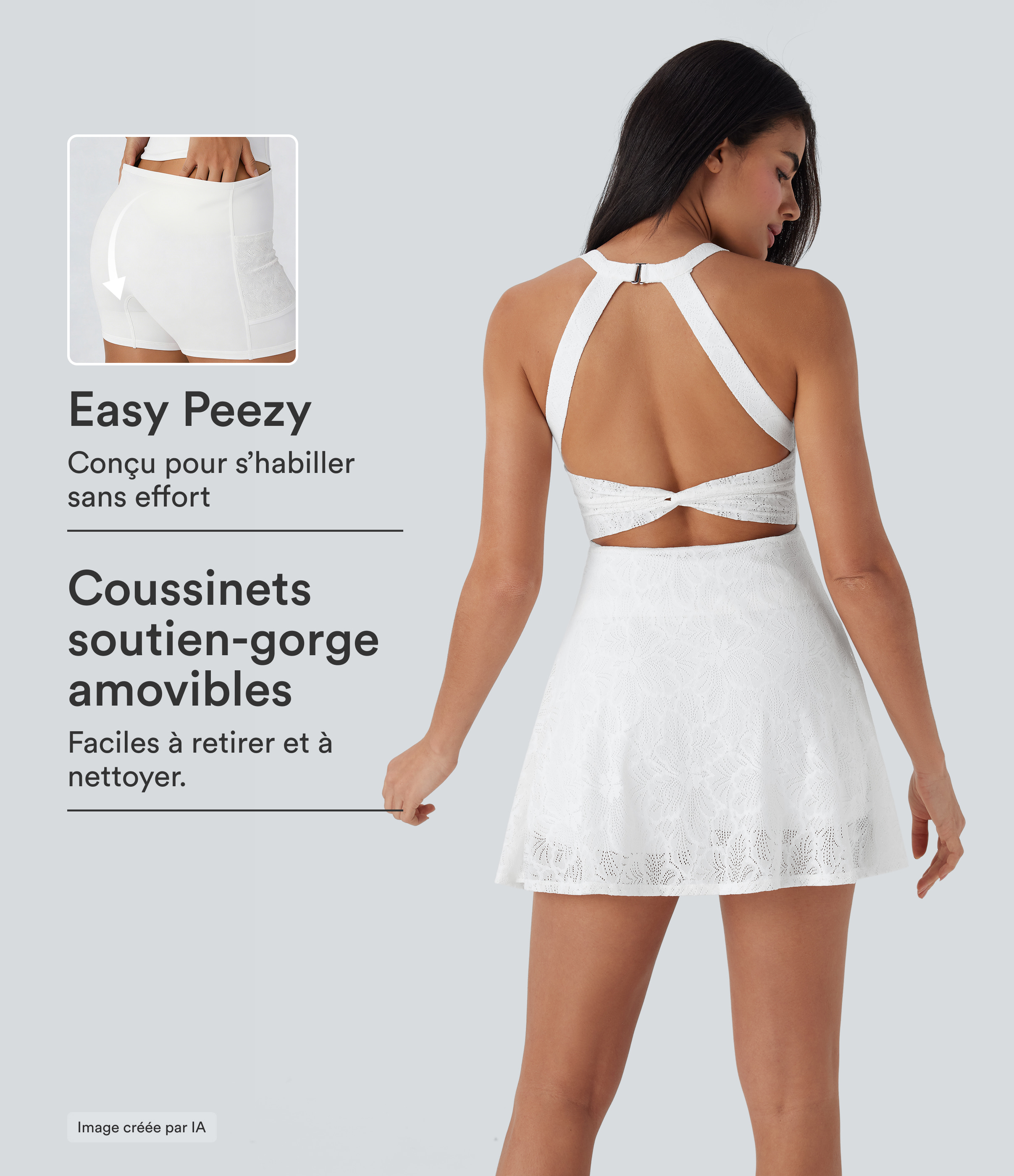 Robe-short 2-en-1 mini de danse active avec dos nu, détail torsadé, dentelle et poches-Easy Peasy