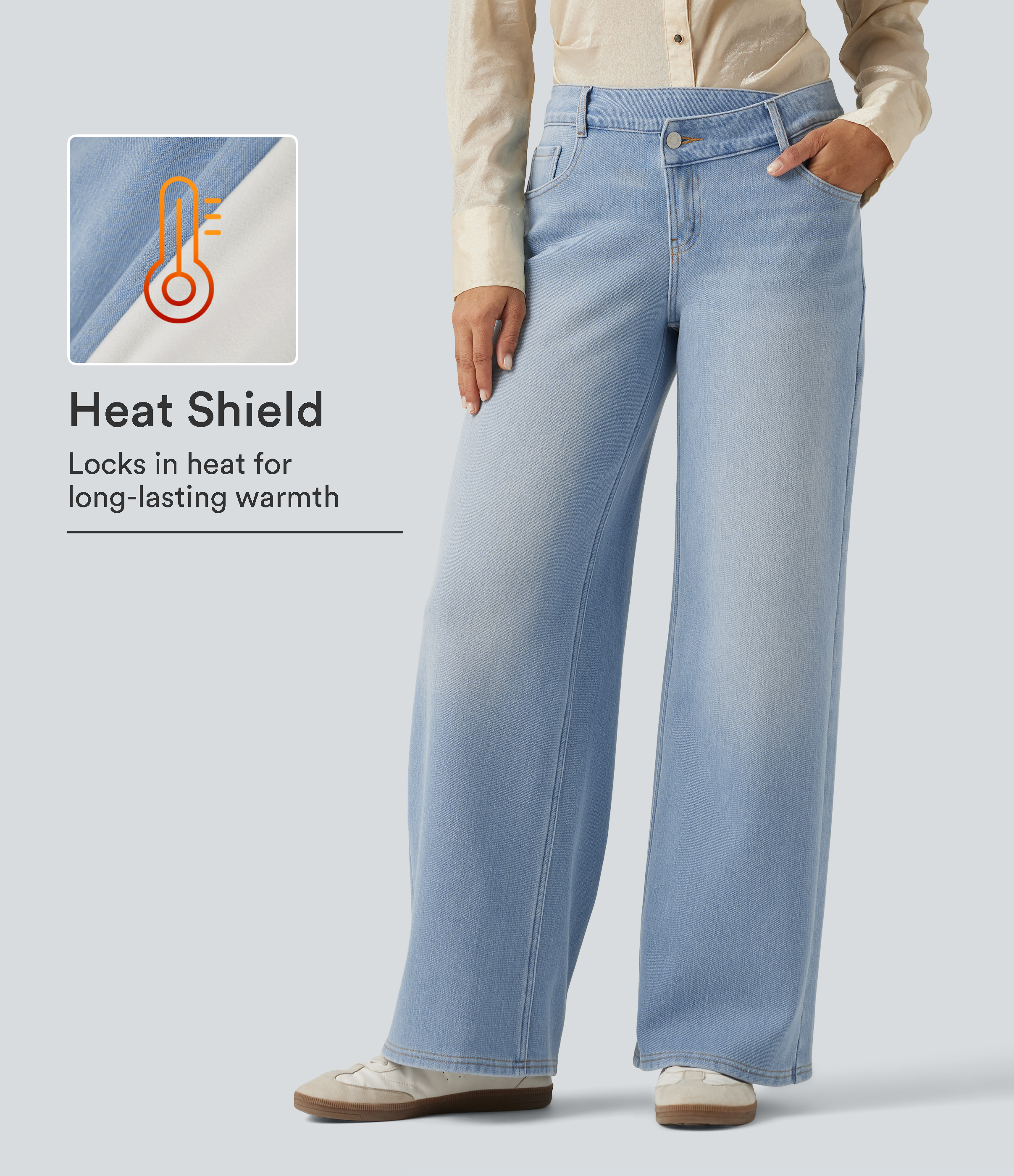 Mid Rise Asymmetric Wide Leg Fleece Casual Jeans with Pockets