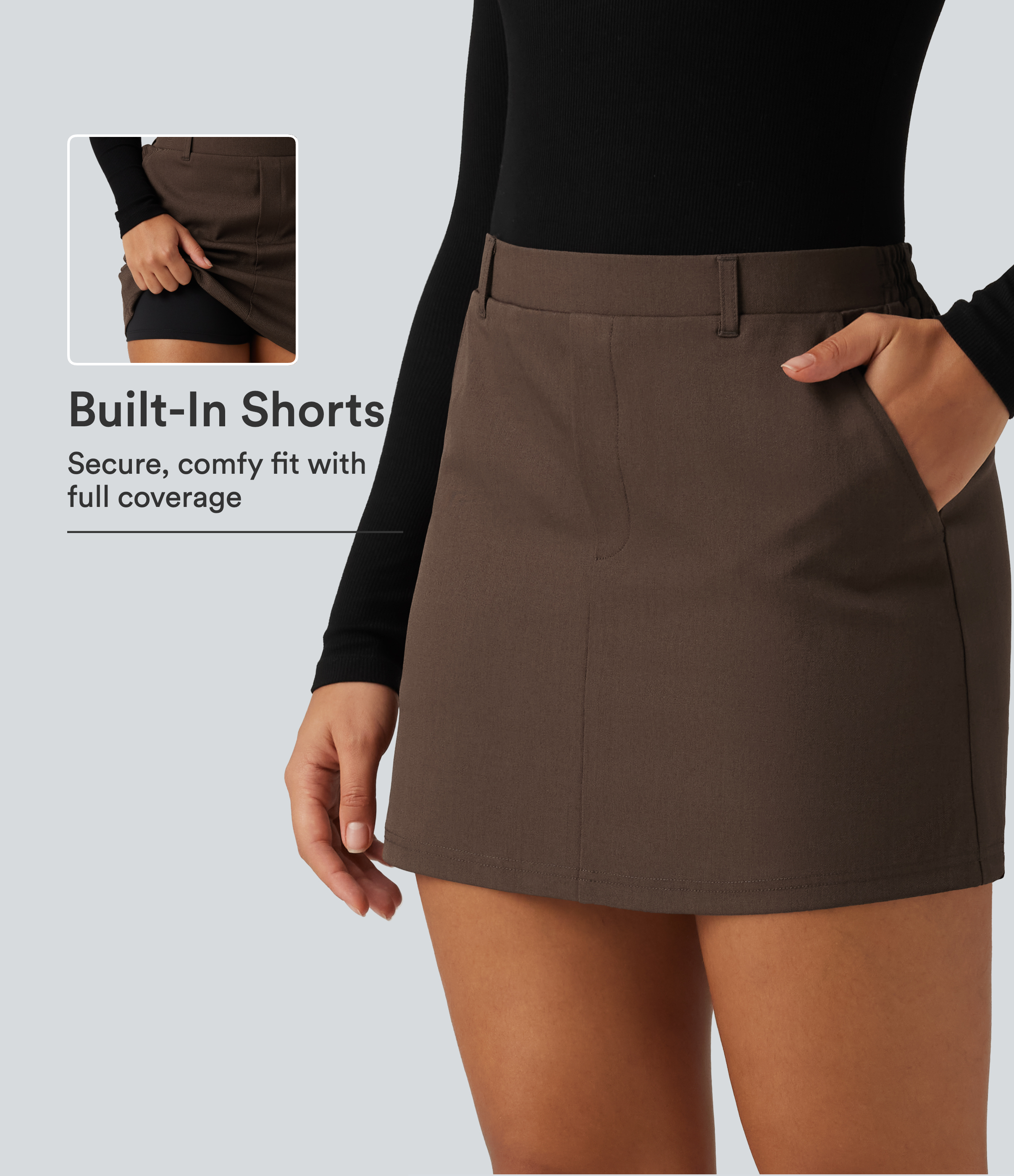 Wrinkle Recovery High Waisted A-Line Work Mini Skirt with Built-in Shorts and Pockets