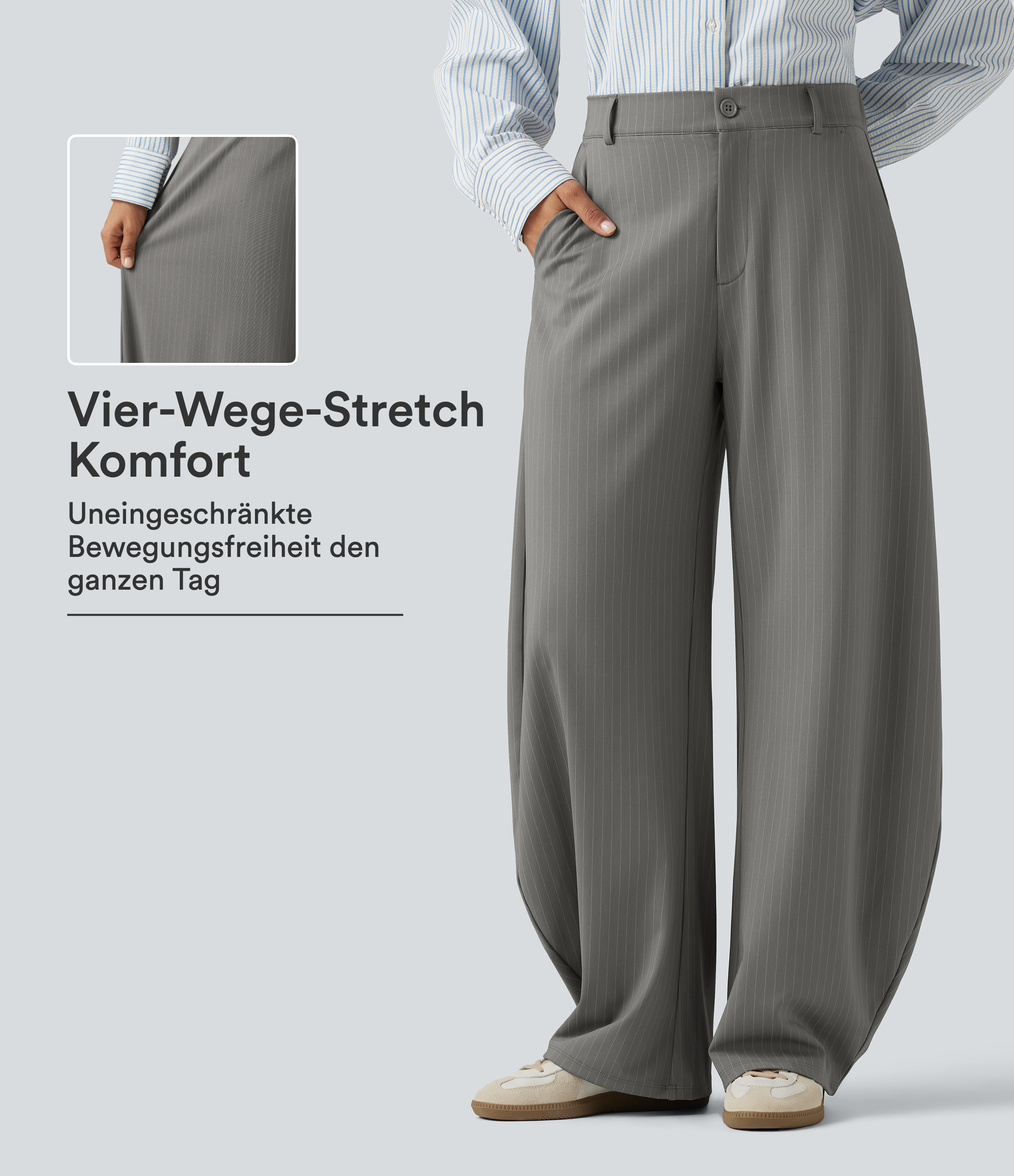 Lässige Hose mit mittelhohem Bund, mehreren Taschen, Streifen und geschwungenem Bein