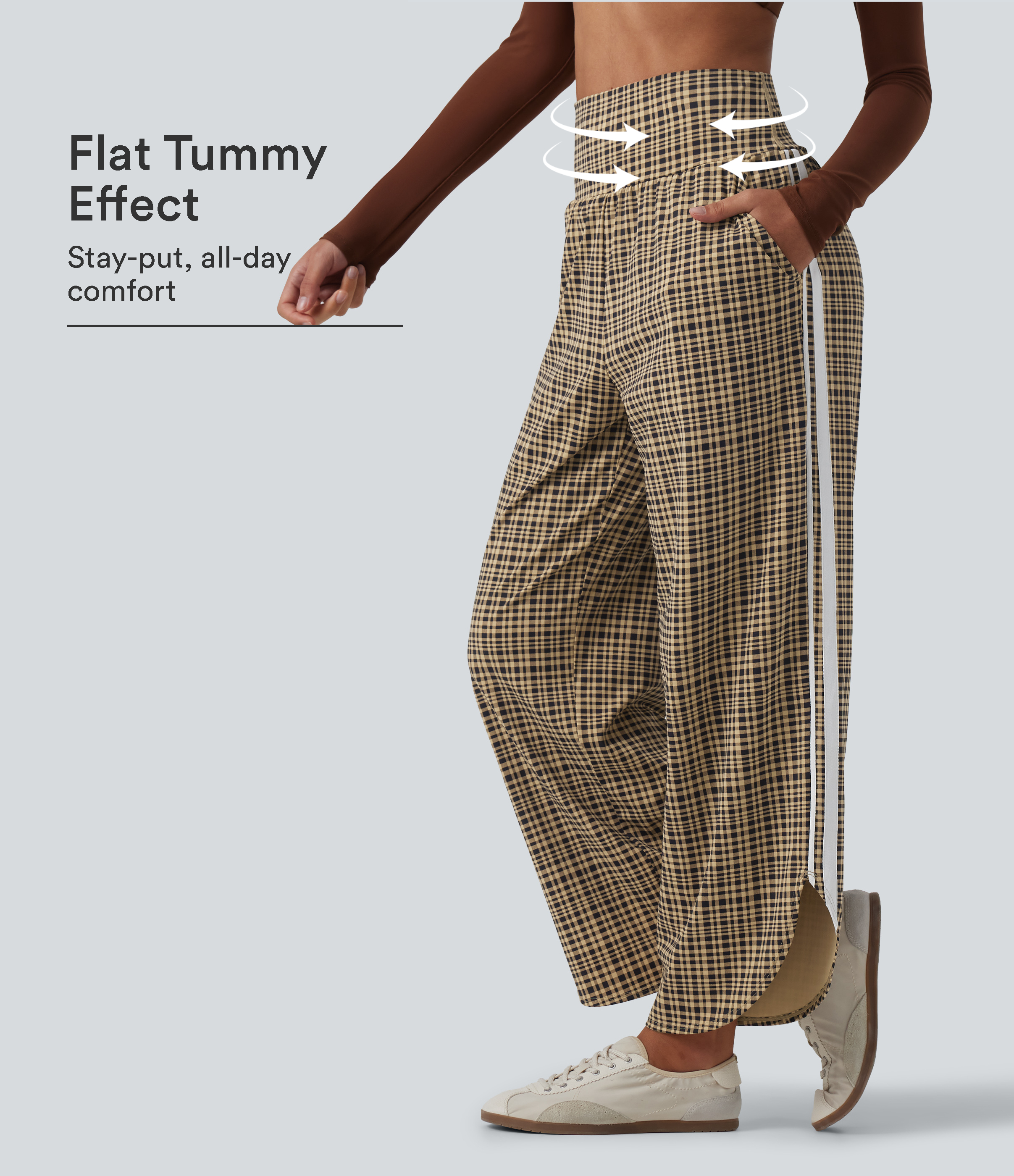 High Waisted Tummy Control Plaid Wide Leg Running Pants with Pockets