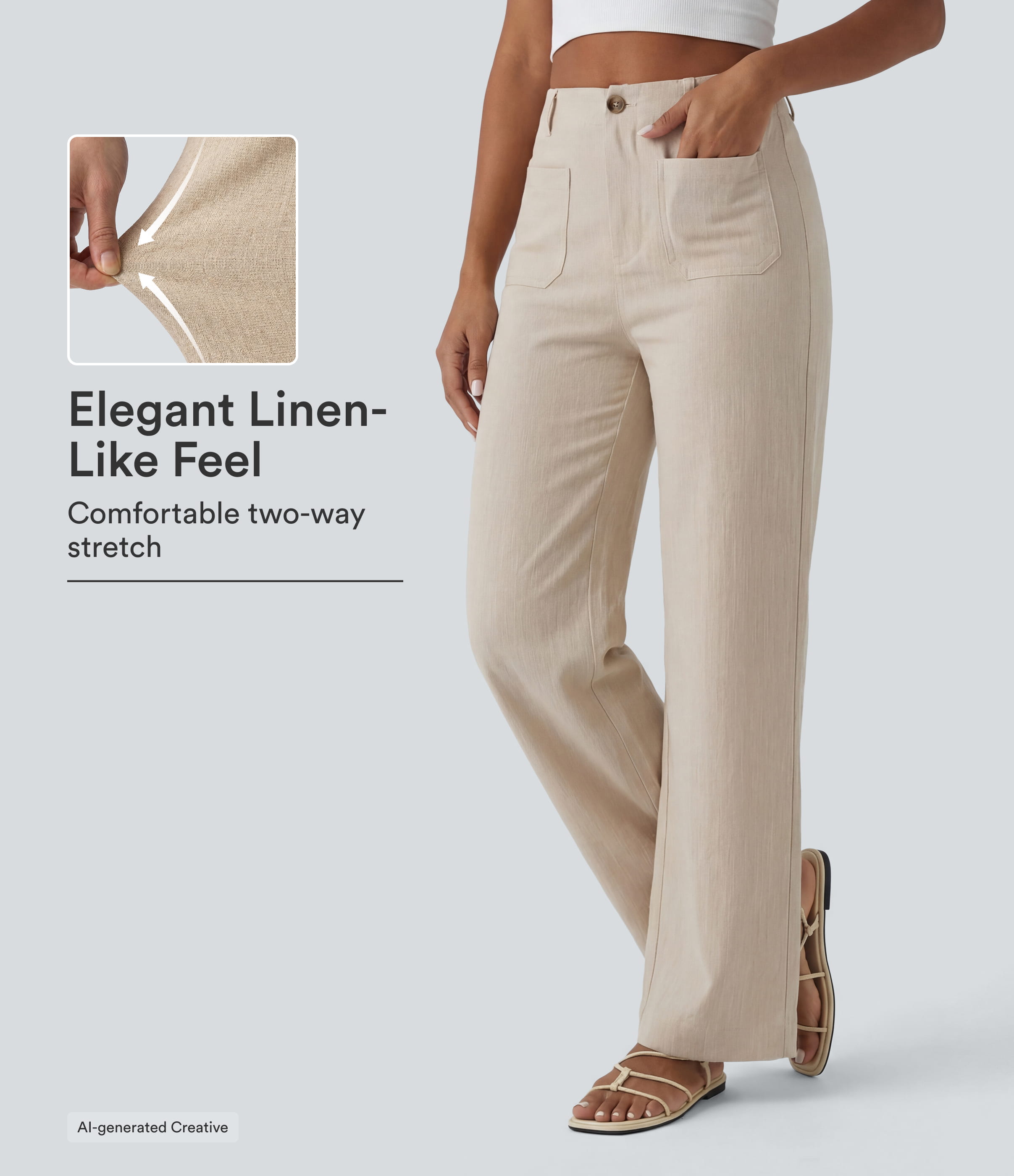 High Waisted Straight Leg Casual Linen-Feel Pants with Pockets