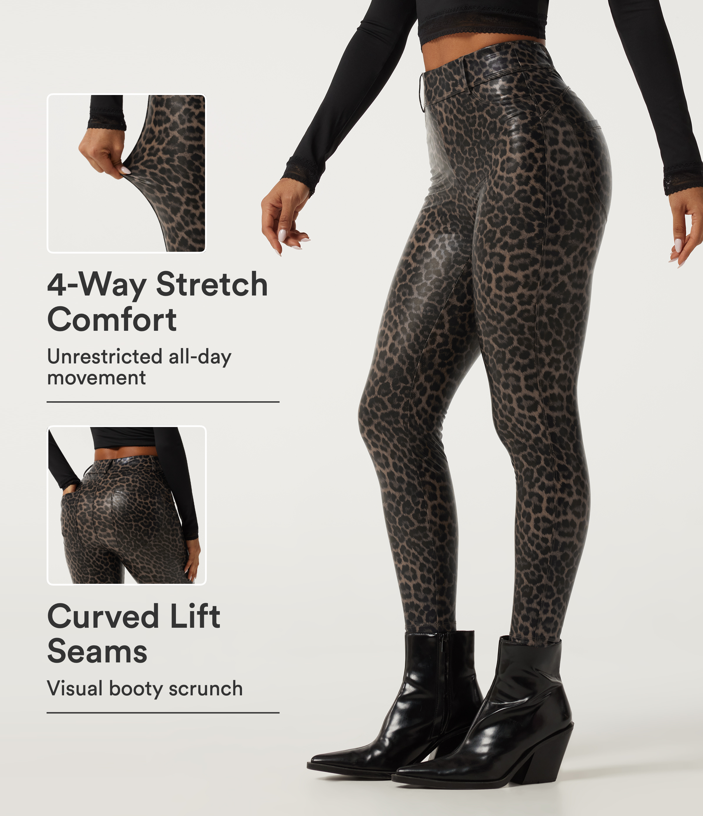 High Waisted Stretchy PU Leopard Print Casual Leggings with Pockets