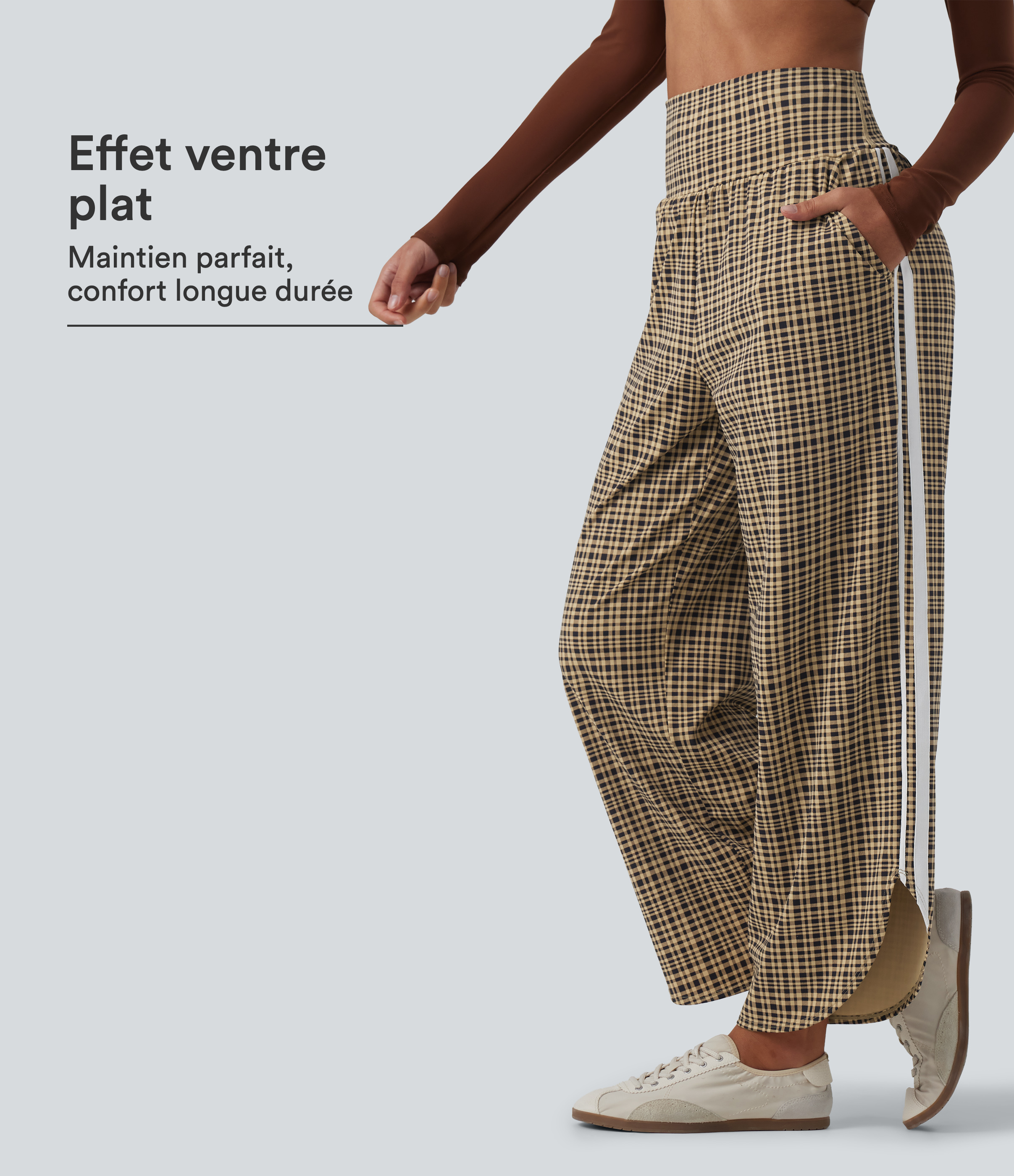 Pantalon de running à carreaux, taille haute gainante et coupe large avec poches