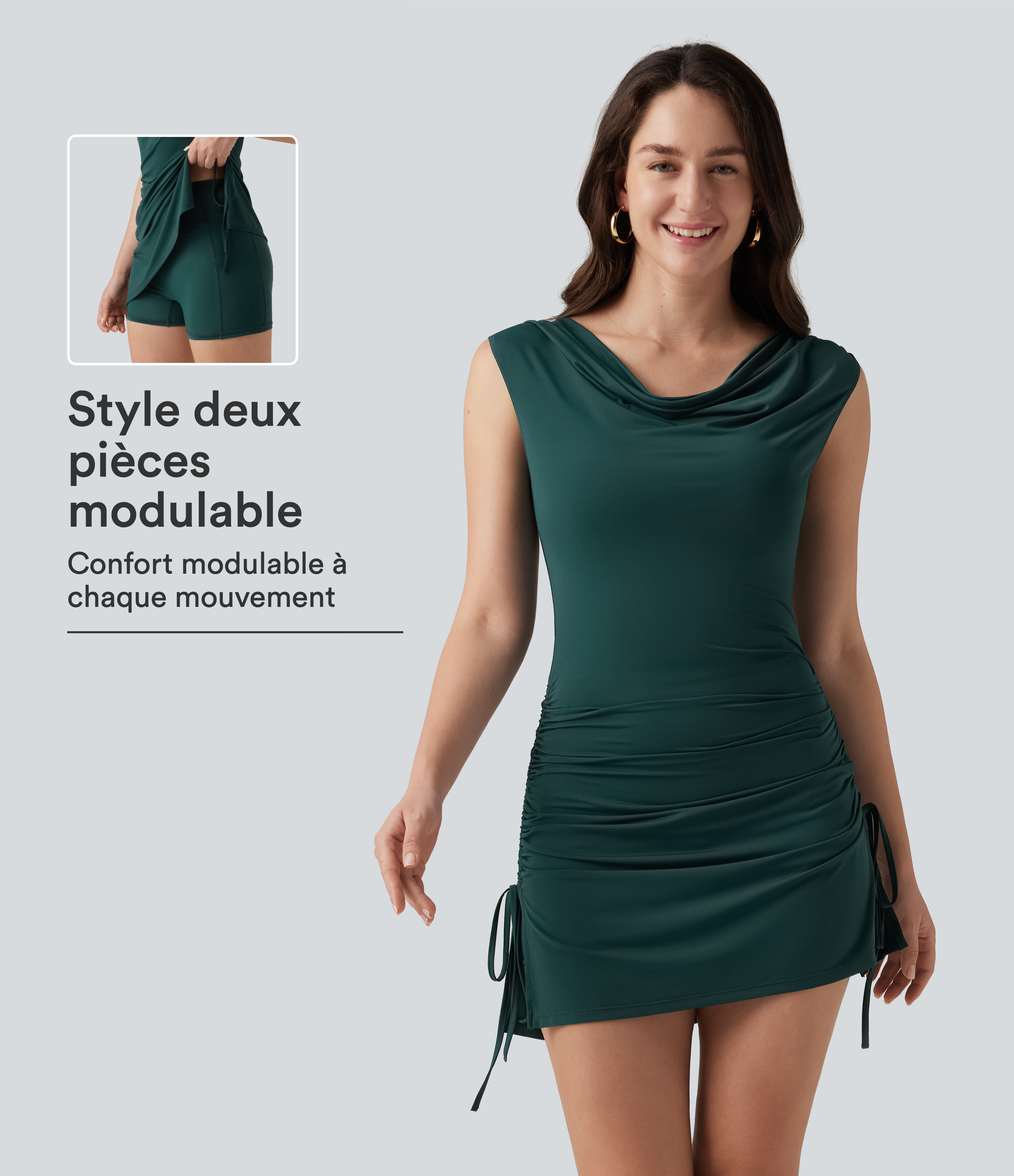Robe mini moulante sans manches avec fronces, laçage, coussinets amovibles et poches, avec short séparé