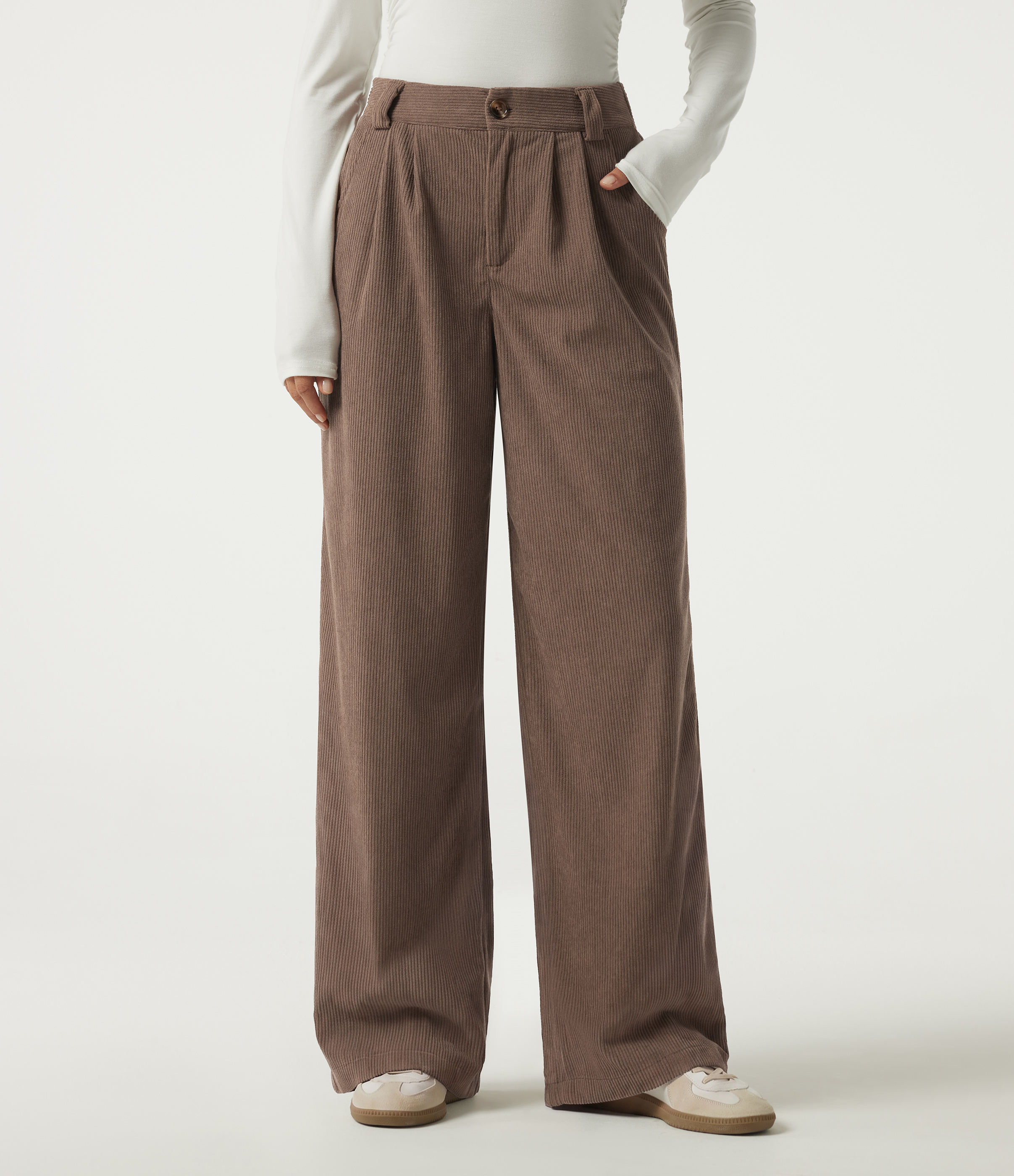 Mid Rise Straight Leg Corduroy Casual Pants with Pockets