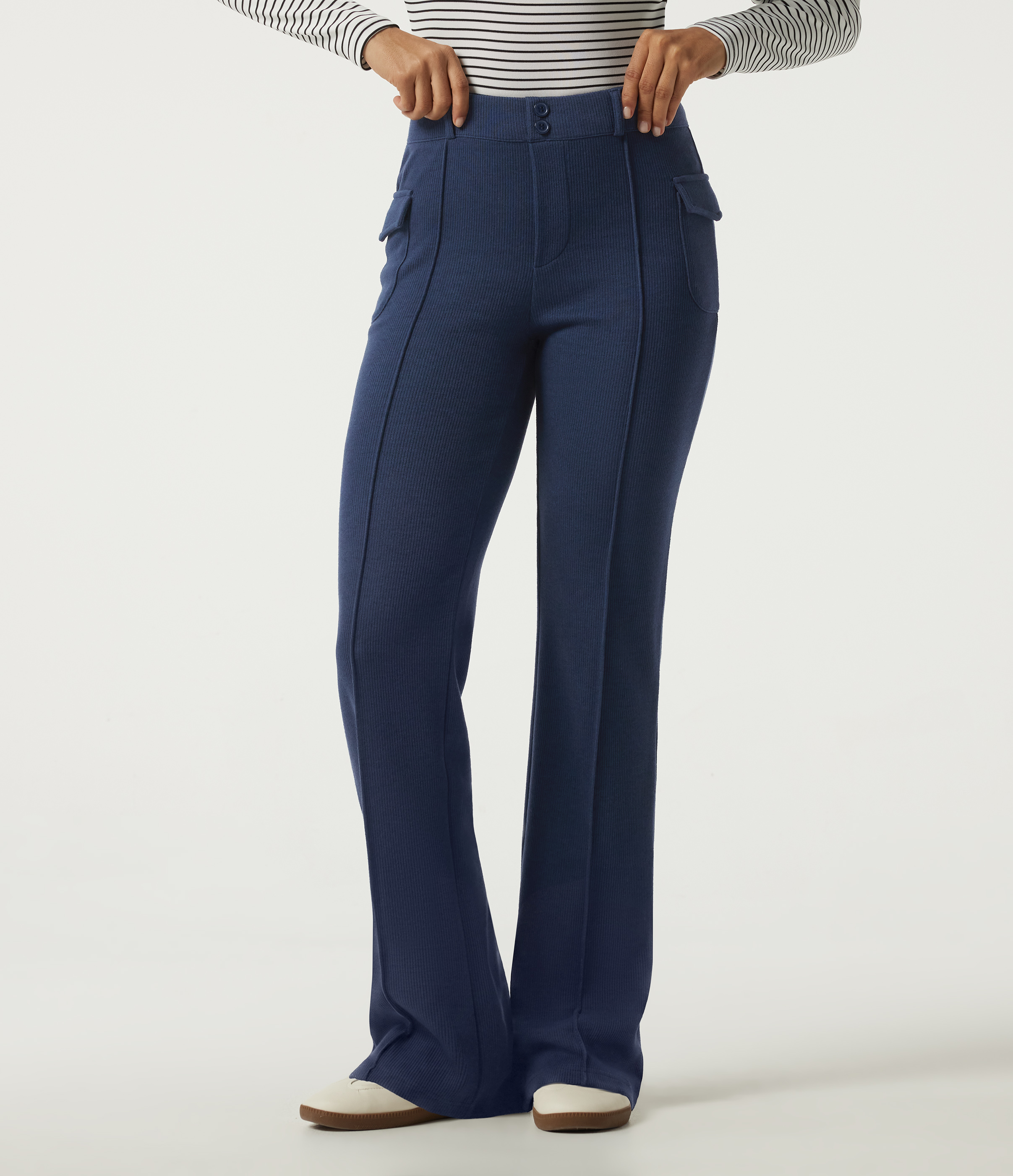 Ribbed Knit Mid Rise Straight Leg Pintuck Casual Pants with Pockets