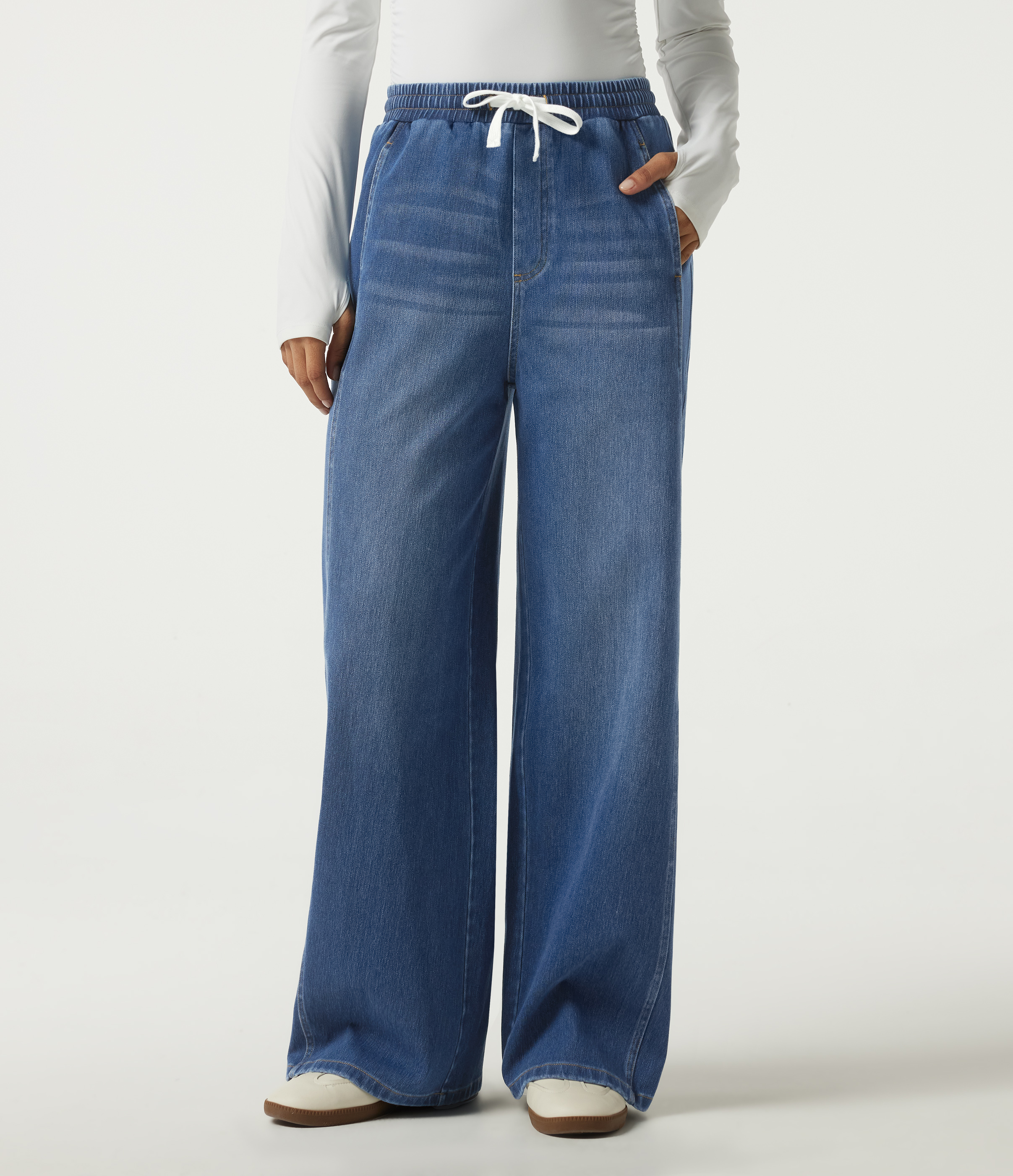 Tide Blue Denim Halara Flex™ High Waisted Drawstring Wide Leg Casual Jeans with Pockets / 1