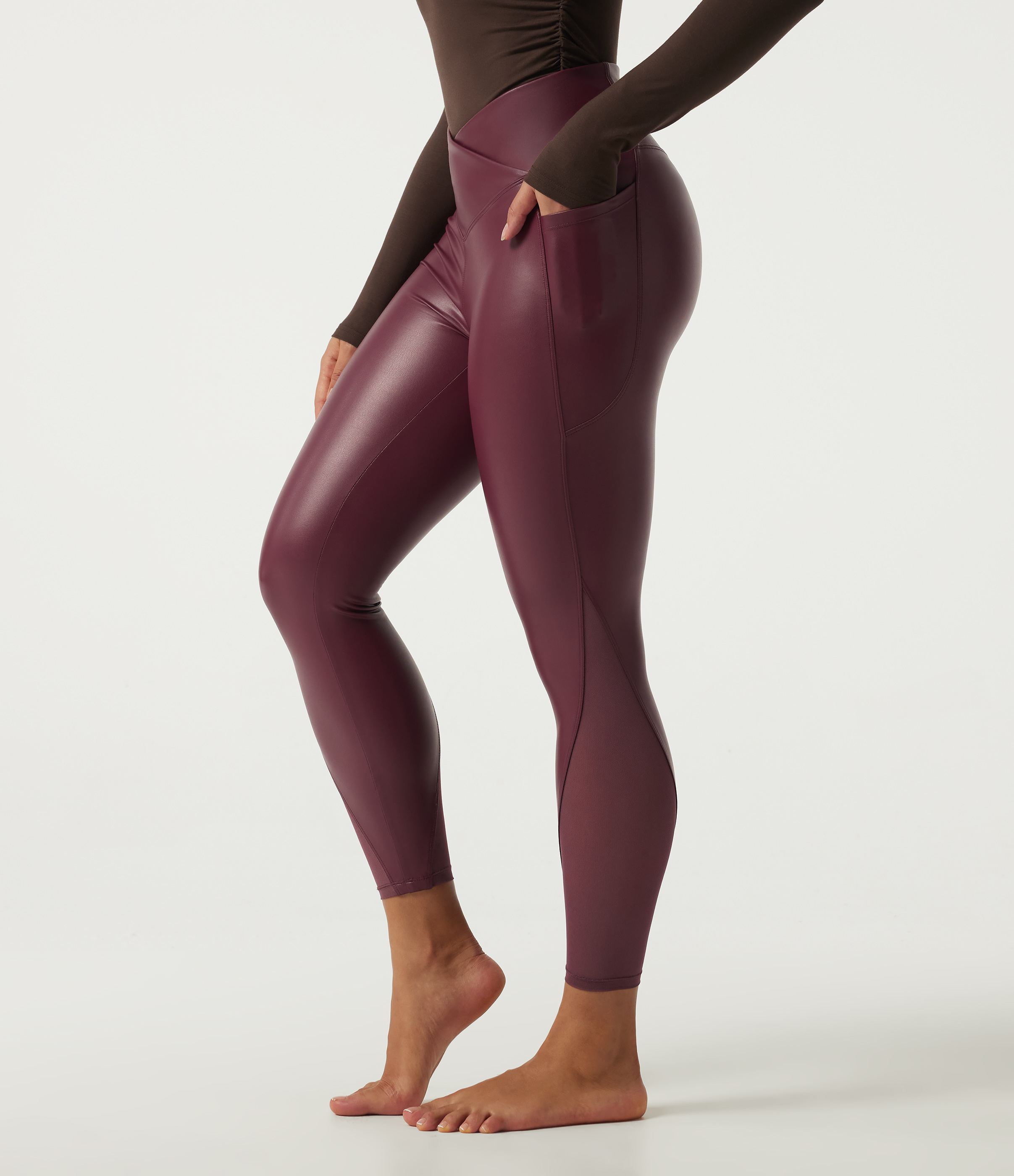 High Waisted Stretchy PU Crossover Contrast Mesh Casual Leggings with Pockets