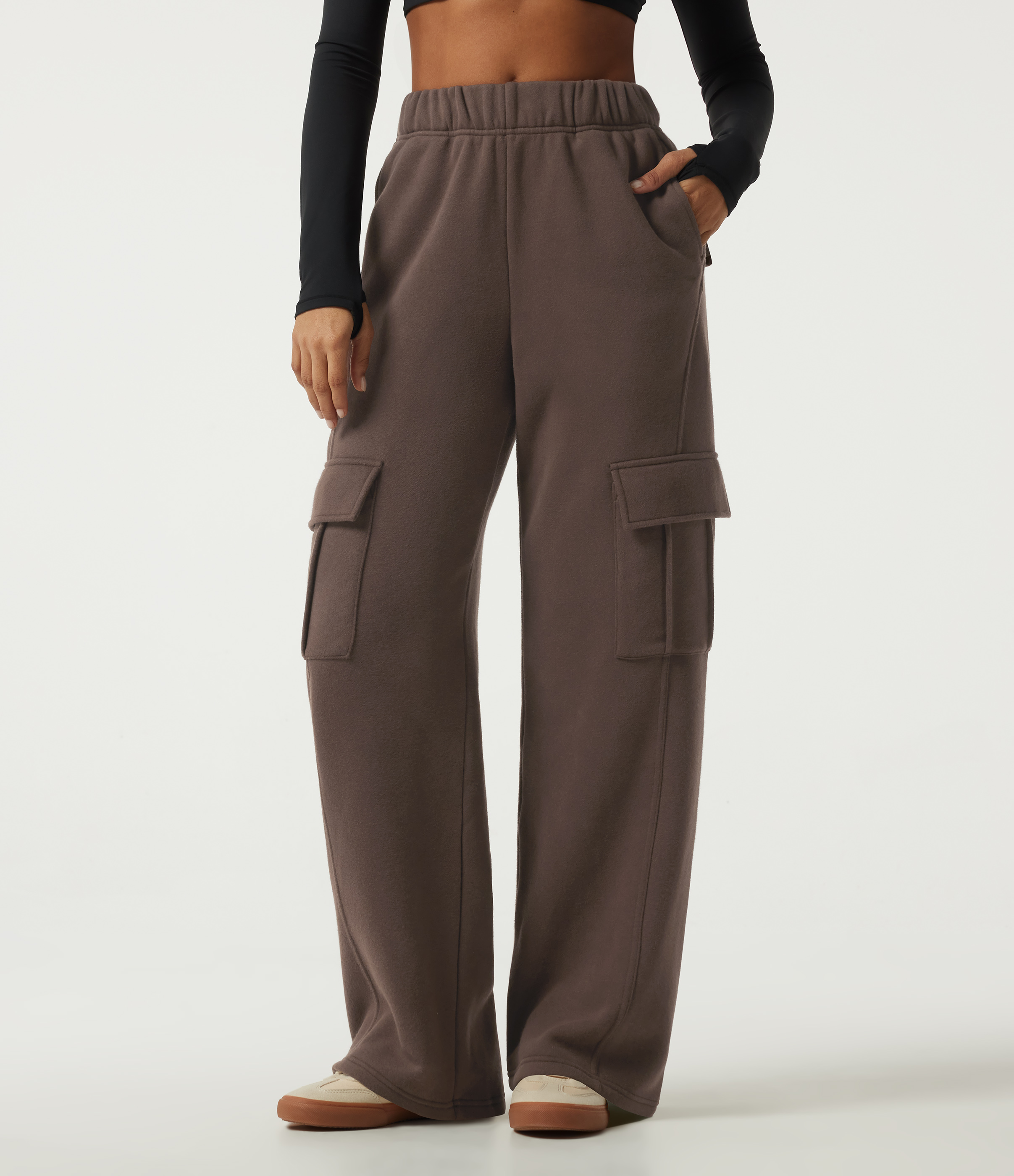 Chocolate Brown Jogging ample en polaire taille haute avec poches / 1