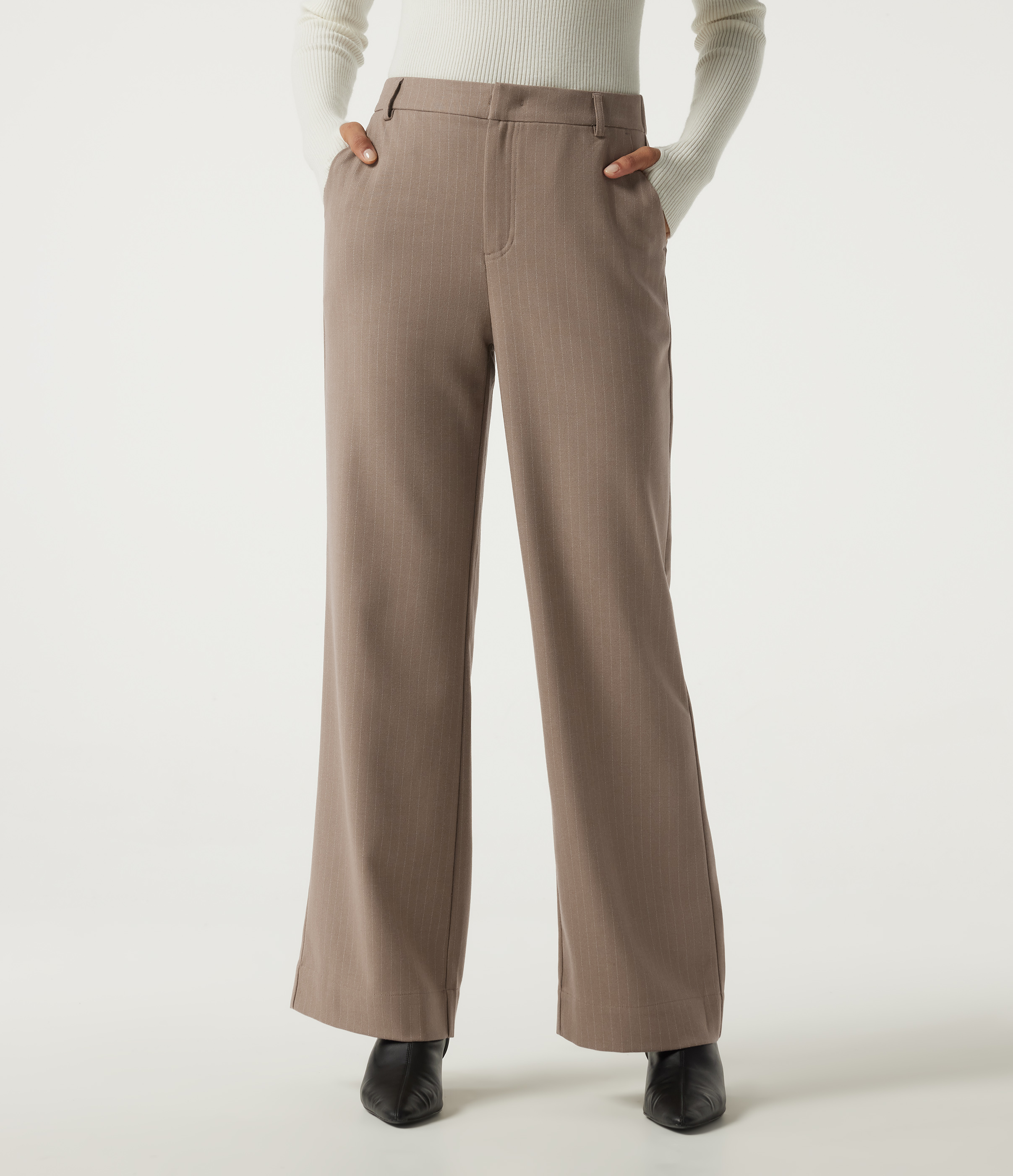 Mid Rise Straight Leg Stripe Work Pants with Pockets