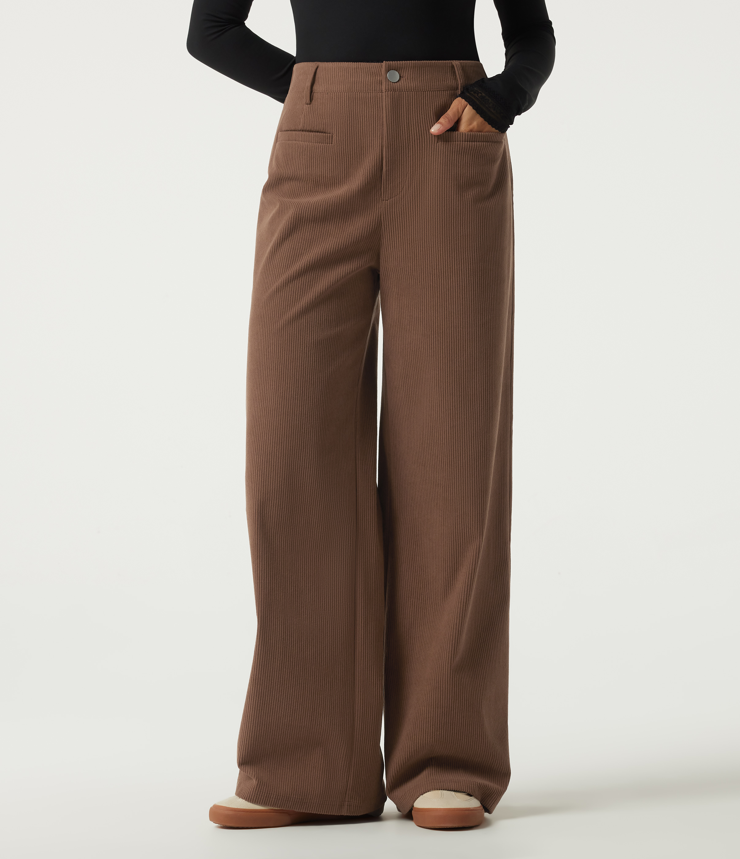 High Waisted Wide Leg Corduroy Casual Pants with Pockets