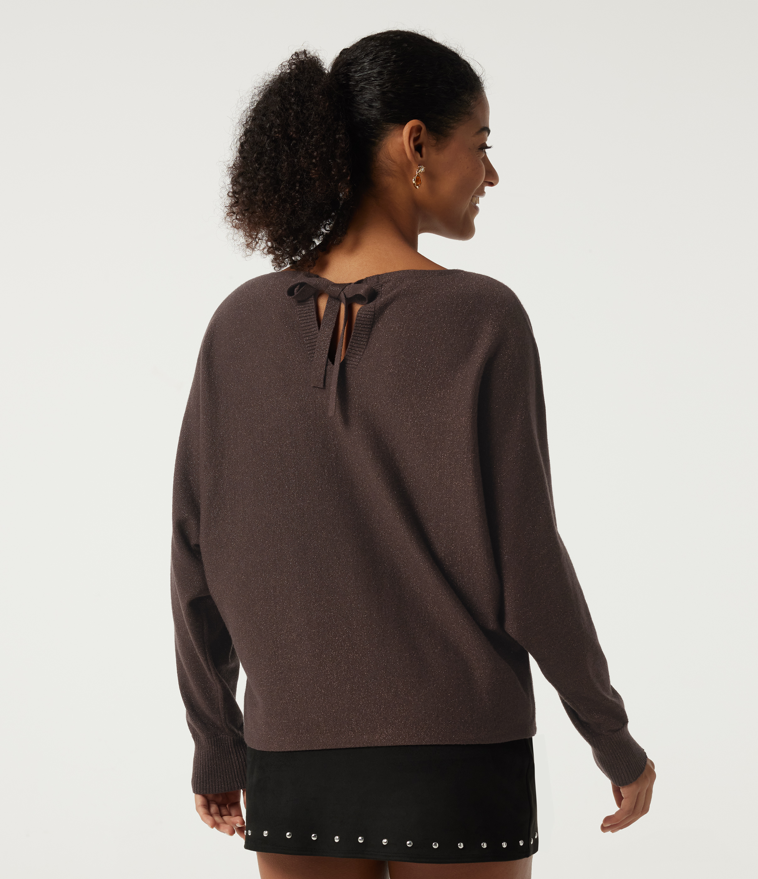 Chicory Coffee Round Neck Long Sleeve Tie Back Casual Sweater / 2