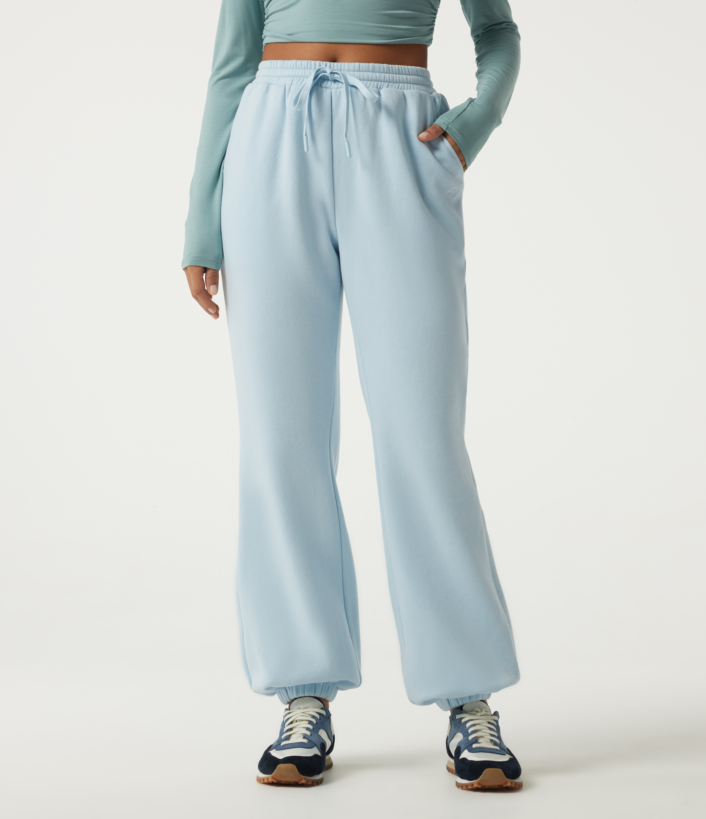 Arctic Mint Joggers casuales de felpa de algodón de tiro medio, con cordón y bolsillos / 2