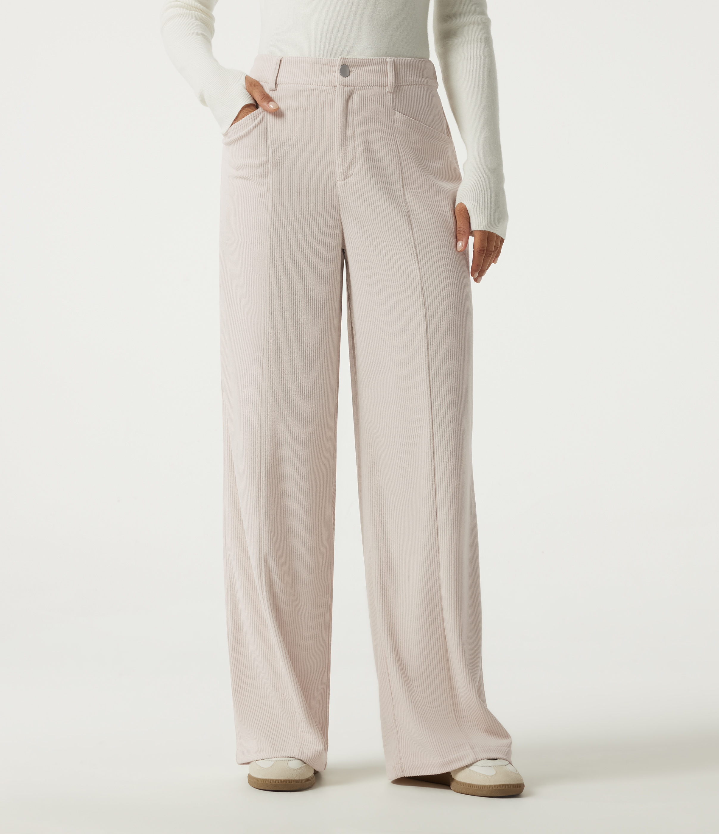 Mid Rise Wide Leg Corduroy Casual Pants with Pockets