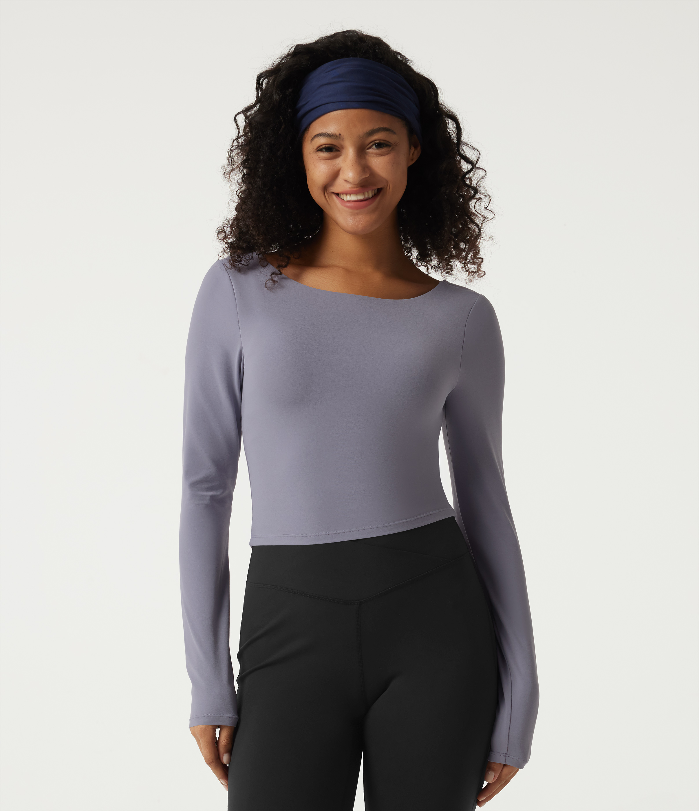 Light Gray Violet SoftlyZero™ Boat Neck Long Sleeve Cut Out Built-in Bra Yoga Sports Top  / 2