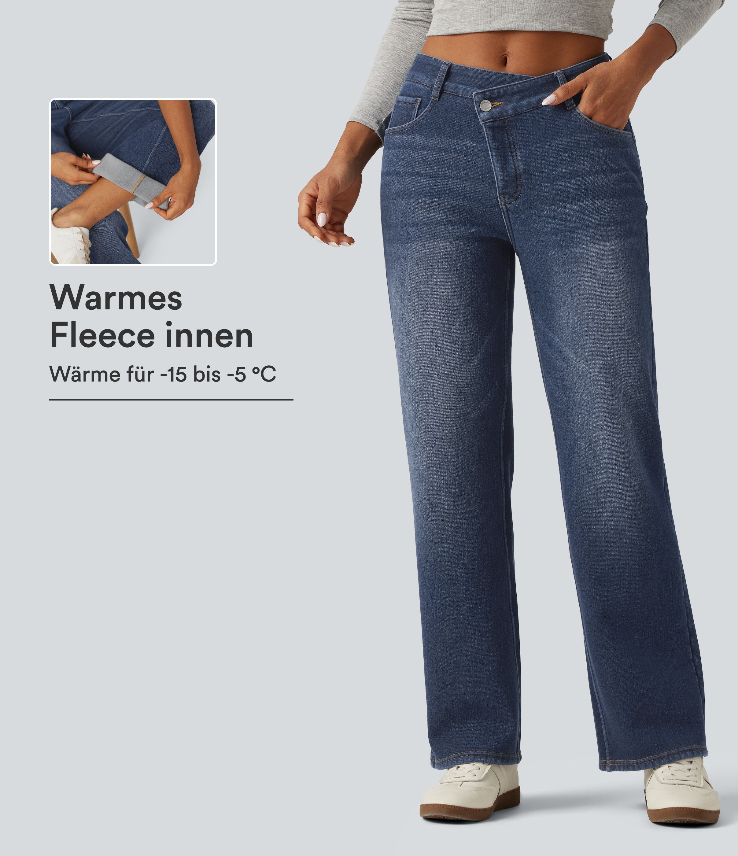 Estate Blue Denim Lässige Fleece-Jeans mit mittelhohem Crossover-Bund, mehreren Taschen und geradem Bein / 1