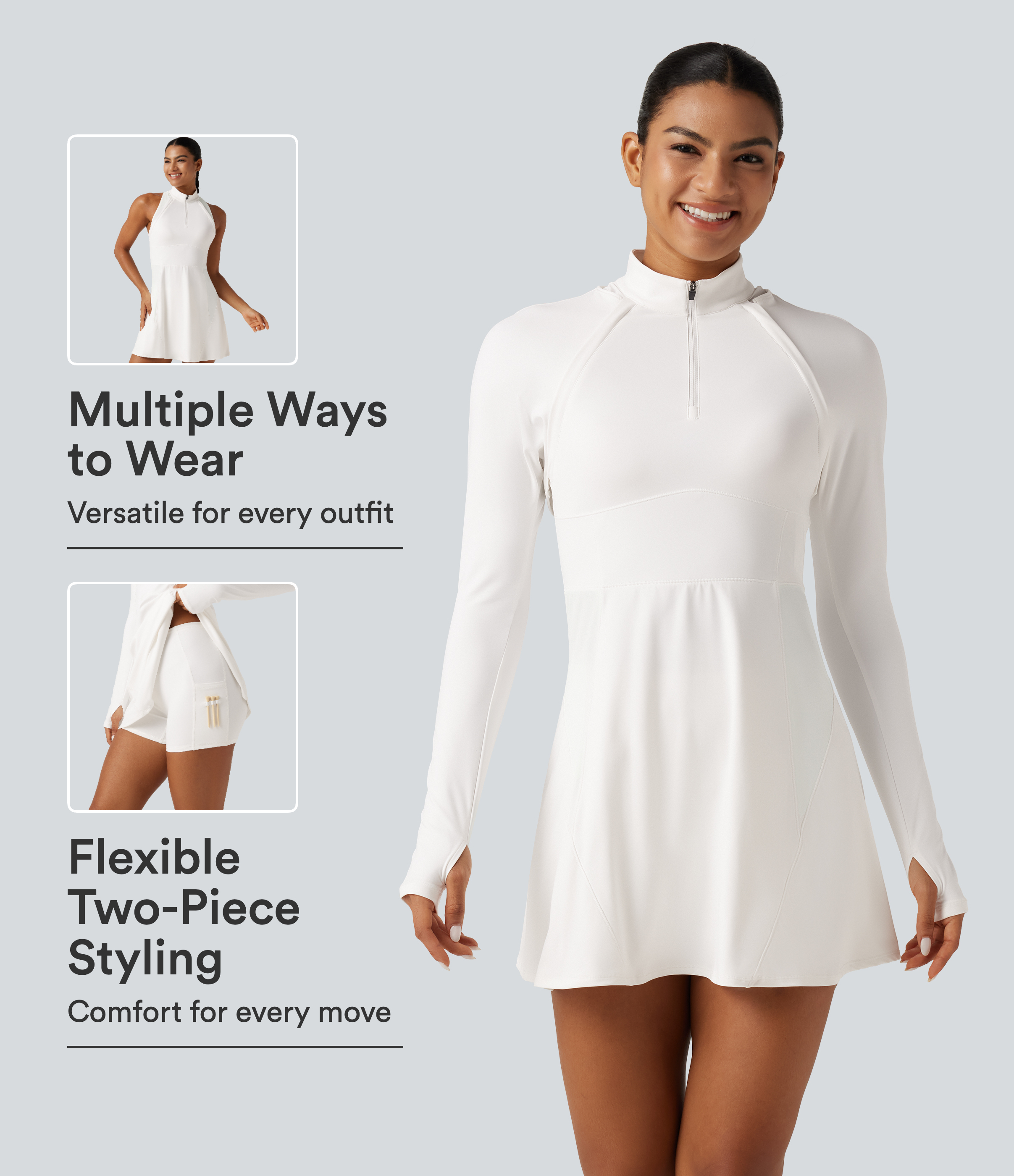 SoftlyZero™ Airy Mock Neck Long Sleeve A-Line InstantCool Golf Mini Dress with Separate Liner Shorts and Pockets