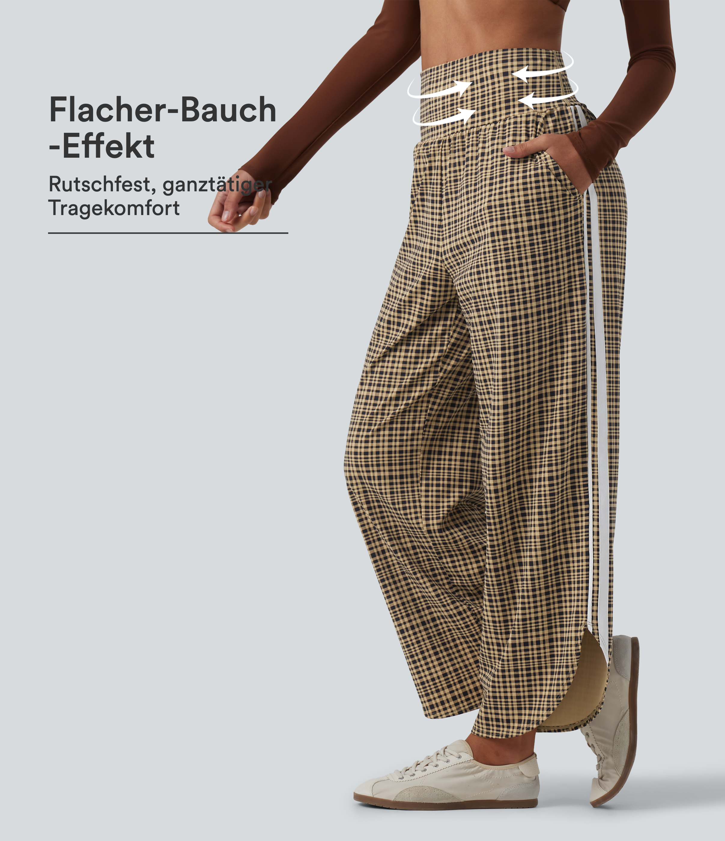 Pantalones de running de talle alto con control del abdomen, estampado a cuadros, pierna ancha y bolsillos.