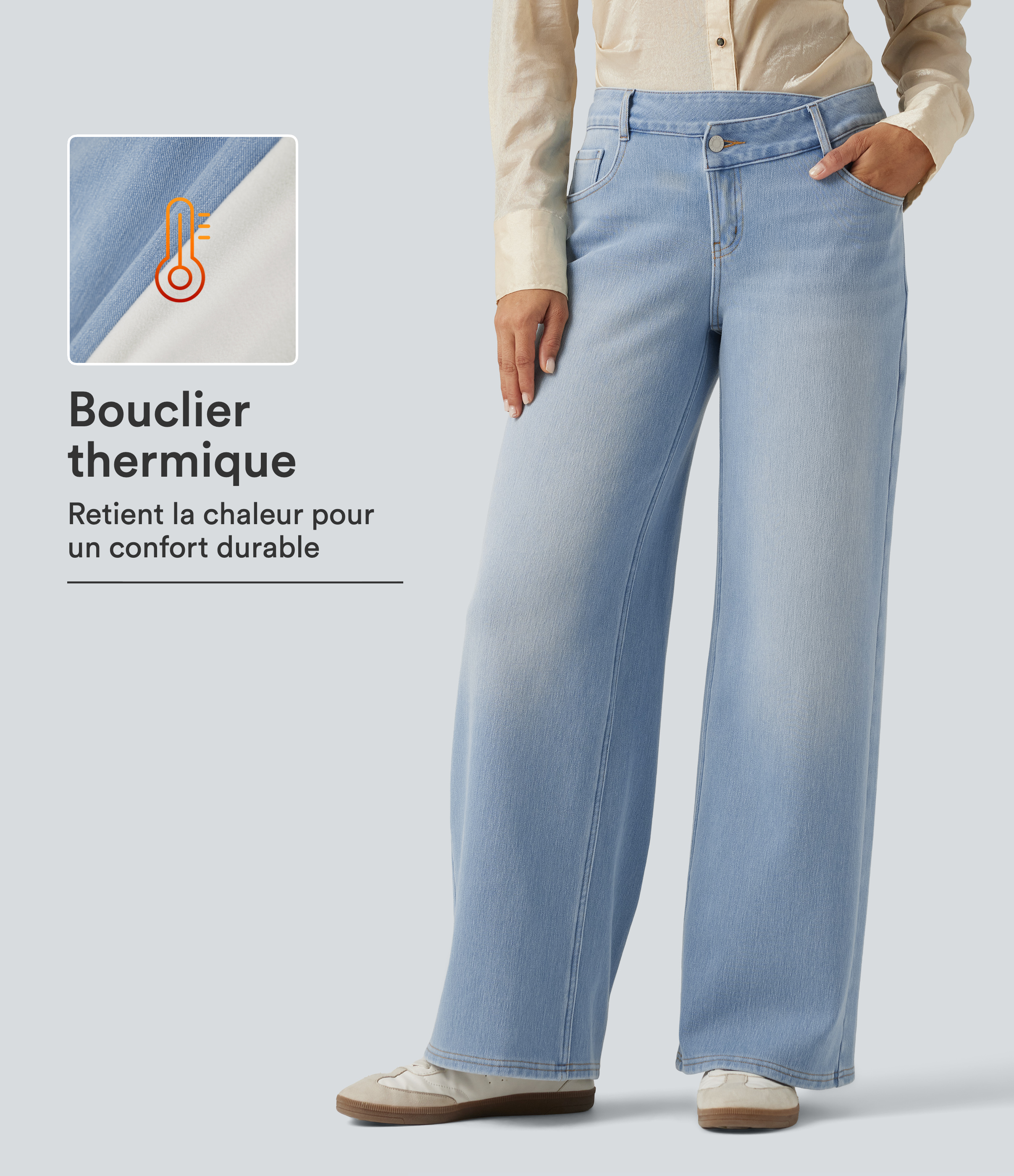 Jean large doublé polaire à taille mi-haute asymétrique avec poches