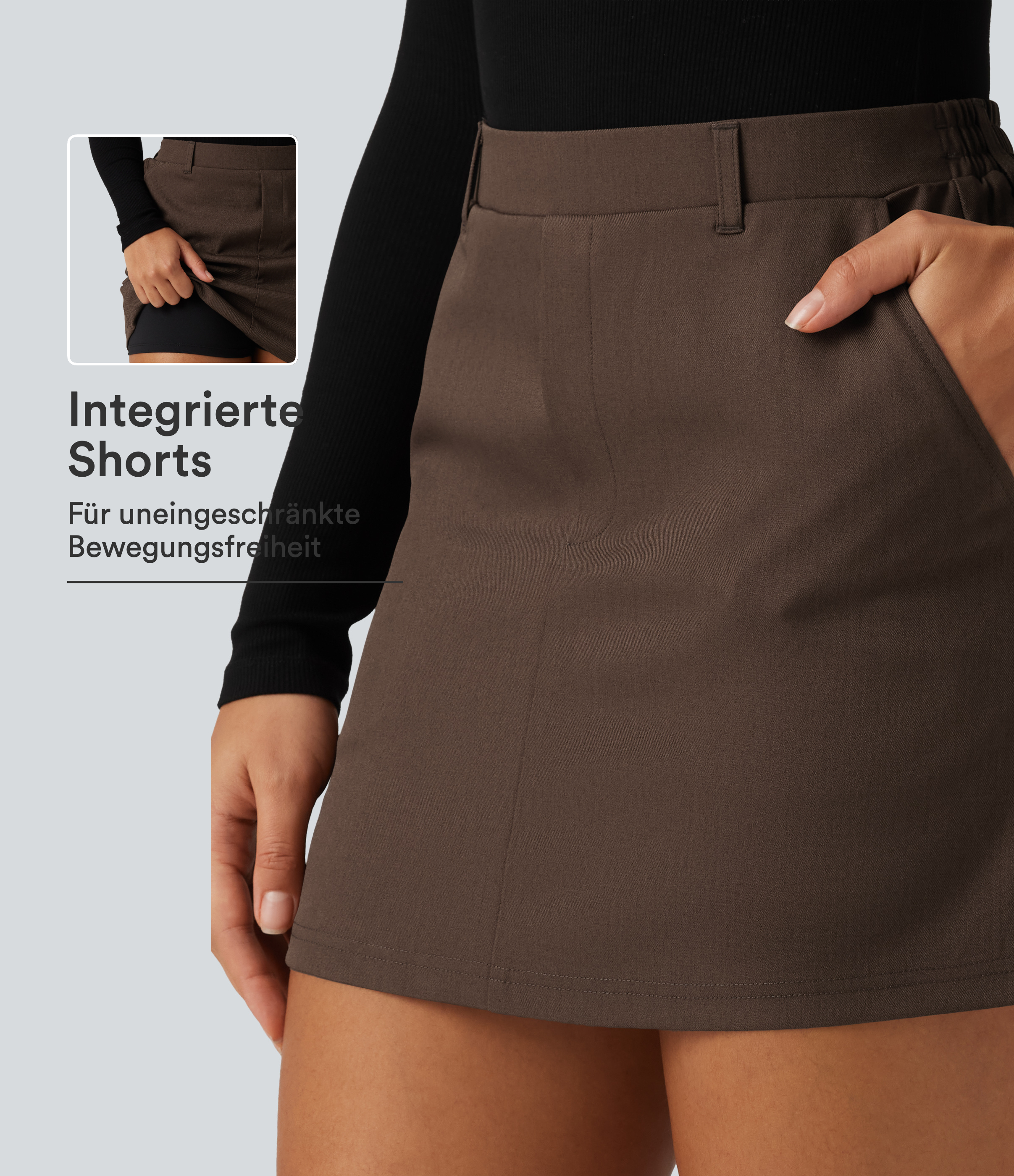 Minifalda de trabajo de talle alto en corte en A con shorts integrados y bolsillos, de tejido antiarrugas