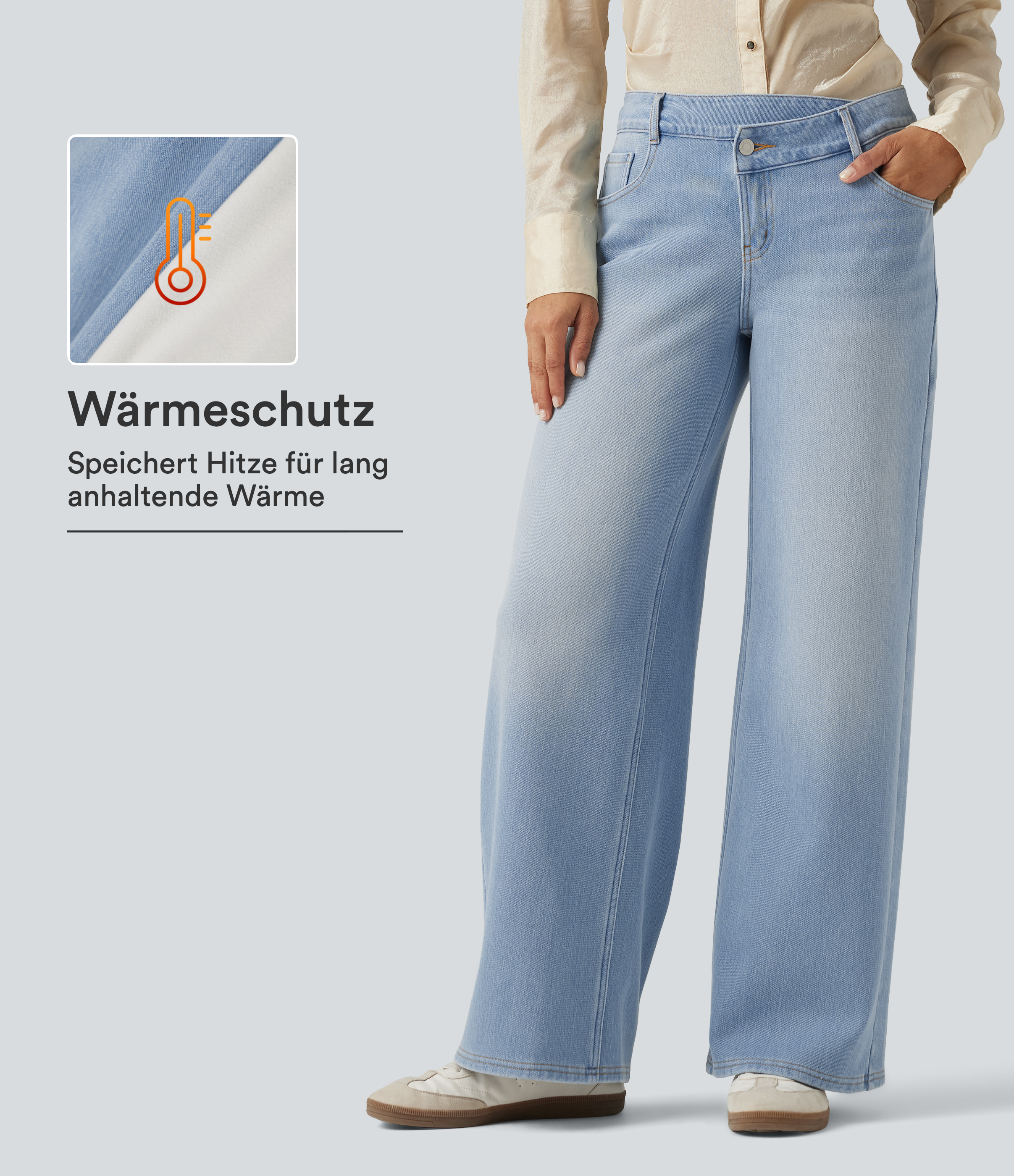Lässige Fleece-Jeans mit mittelhohem Crossover-Bund, mehreren Taschen und weitem Bein