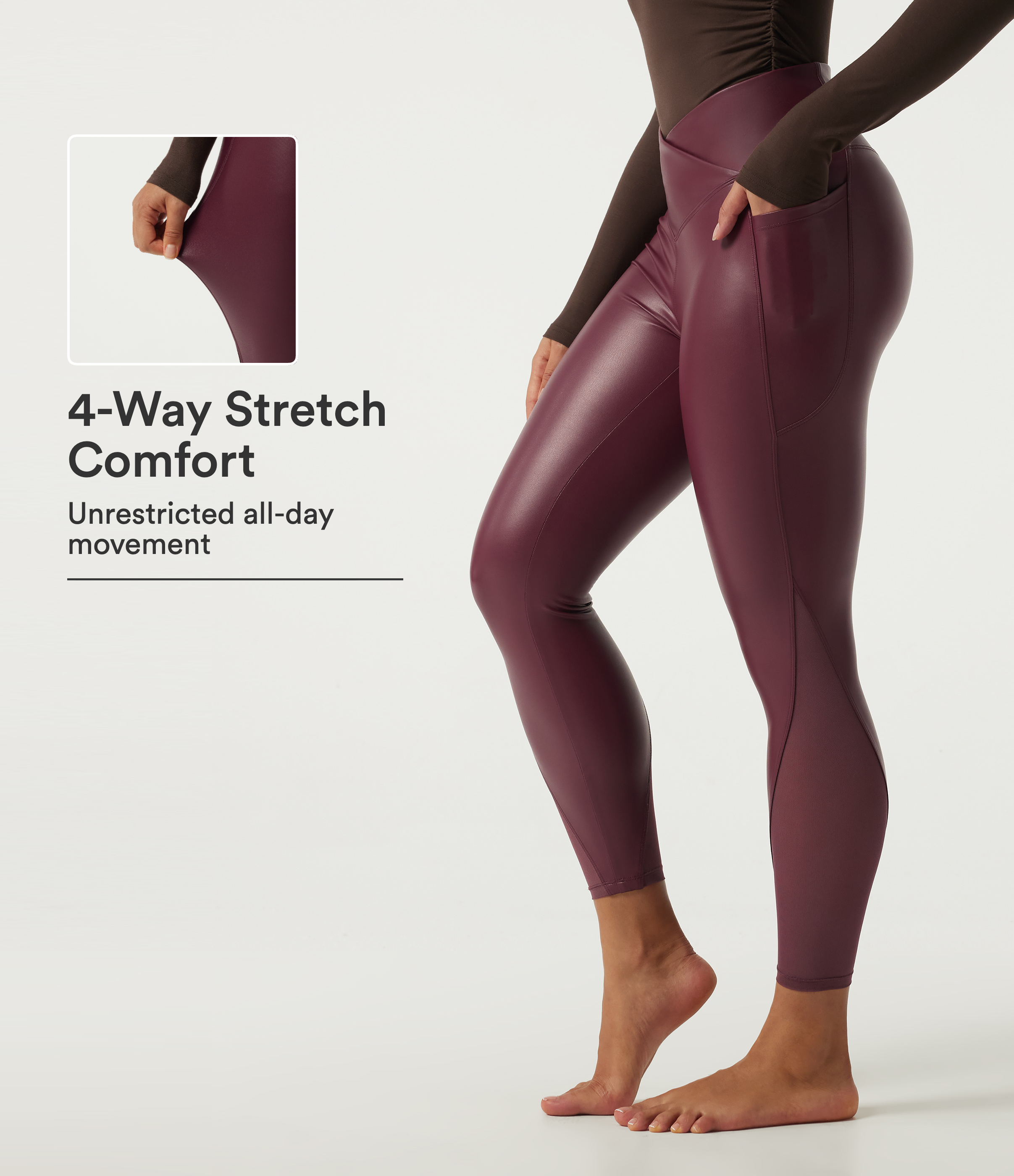 High Waisted Stretchy PU Crossover Contrast Mesh Casual Leggings with Pockets