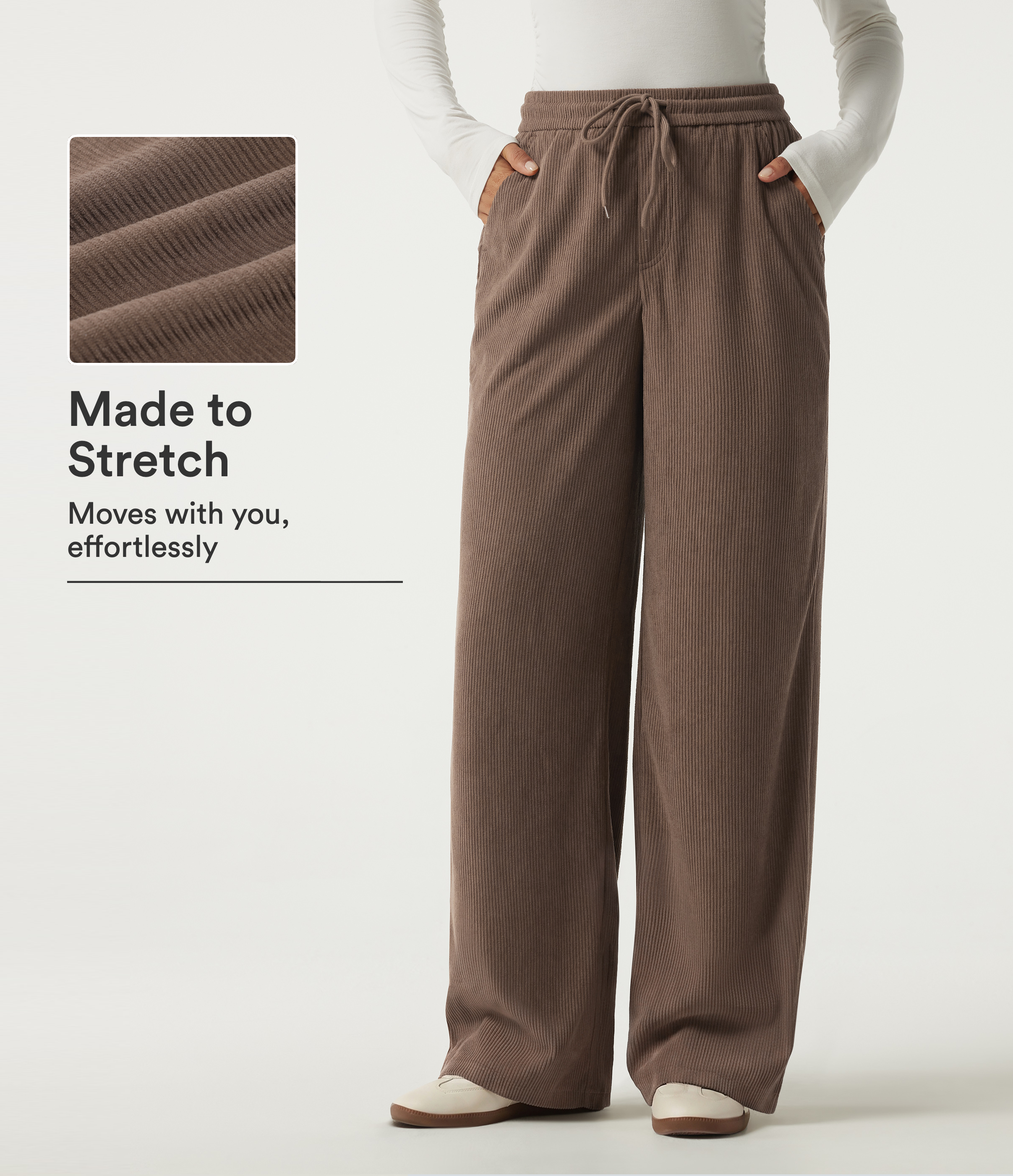 High Waisted Drawstring Wide Leg Corduroy Casual Pants with Pockets