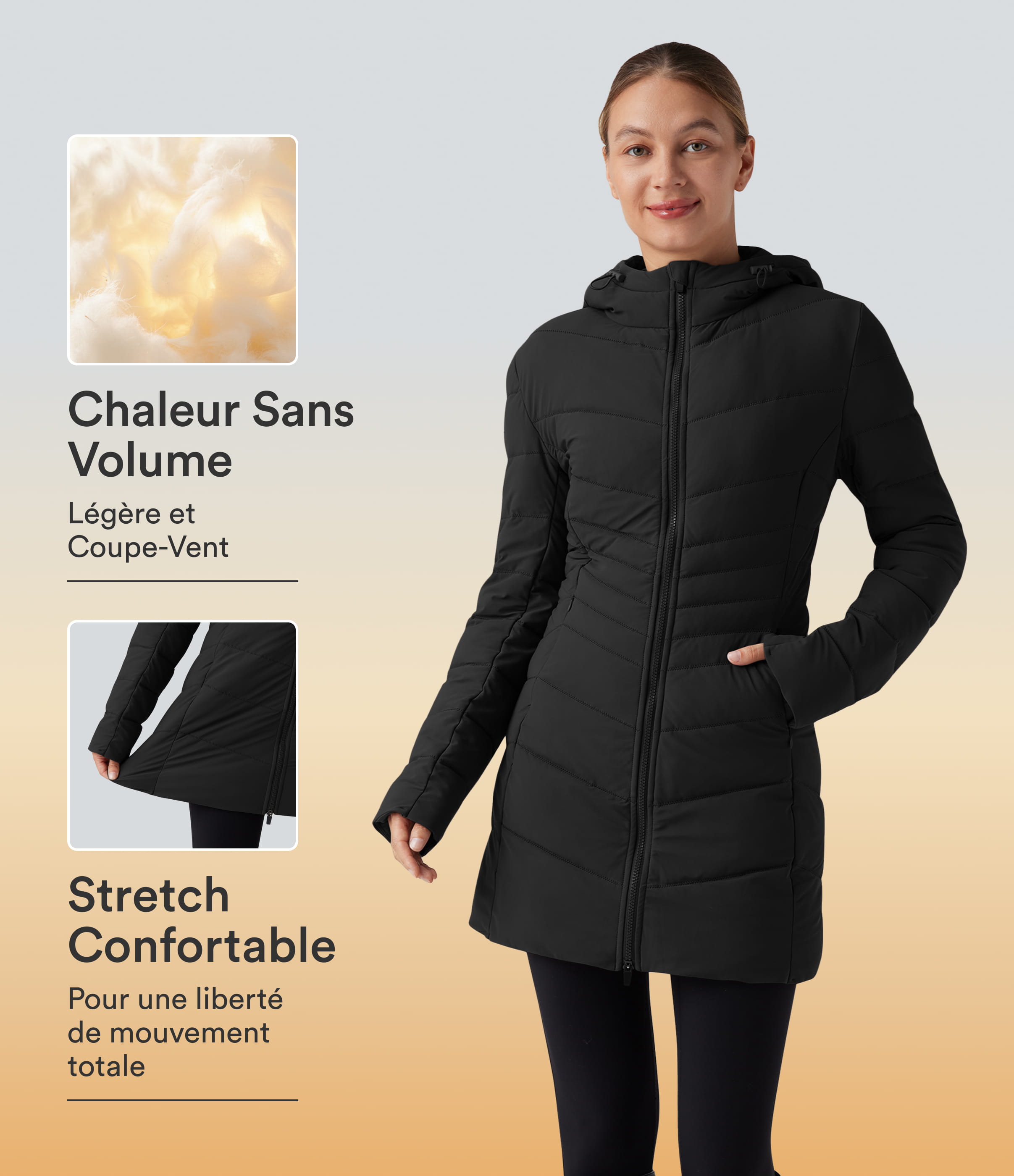 Noir Doudoune longue PuffFlex stretch à capuche avec poches / 1