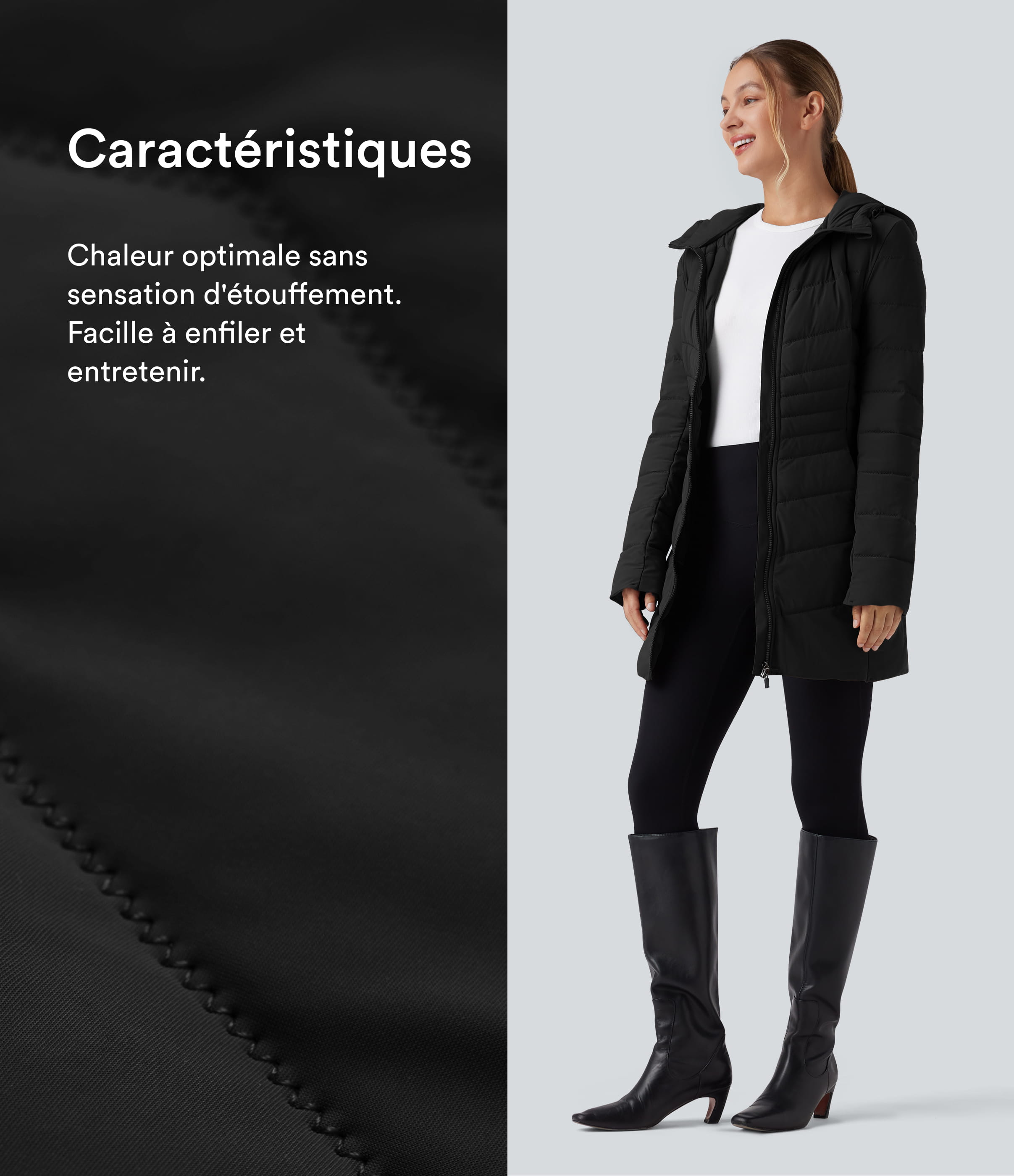 Noir Doudoune longue PuffFlex stretch à capuche avec poches / 2