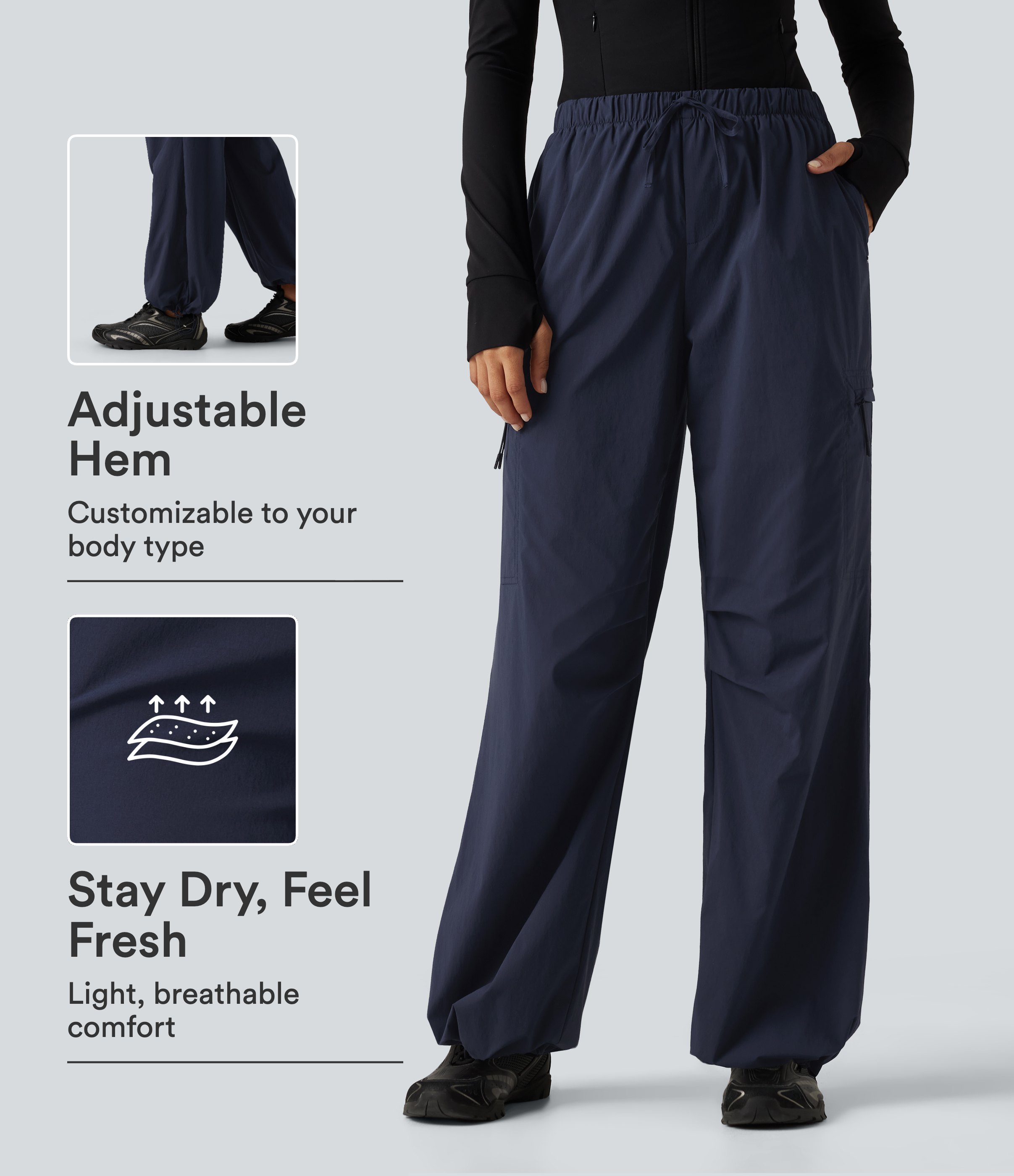 Mid Rise Drawstring Ruched Wide Leg Hiking Pants with Pockets