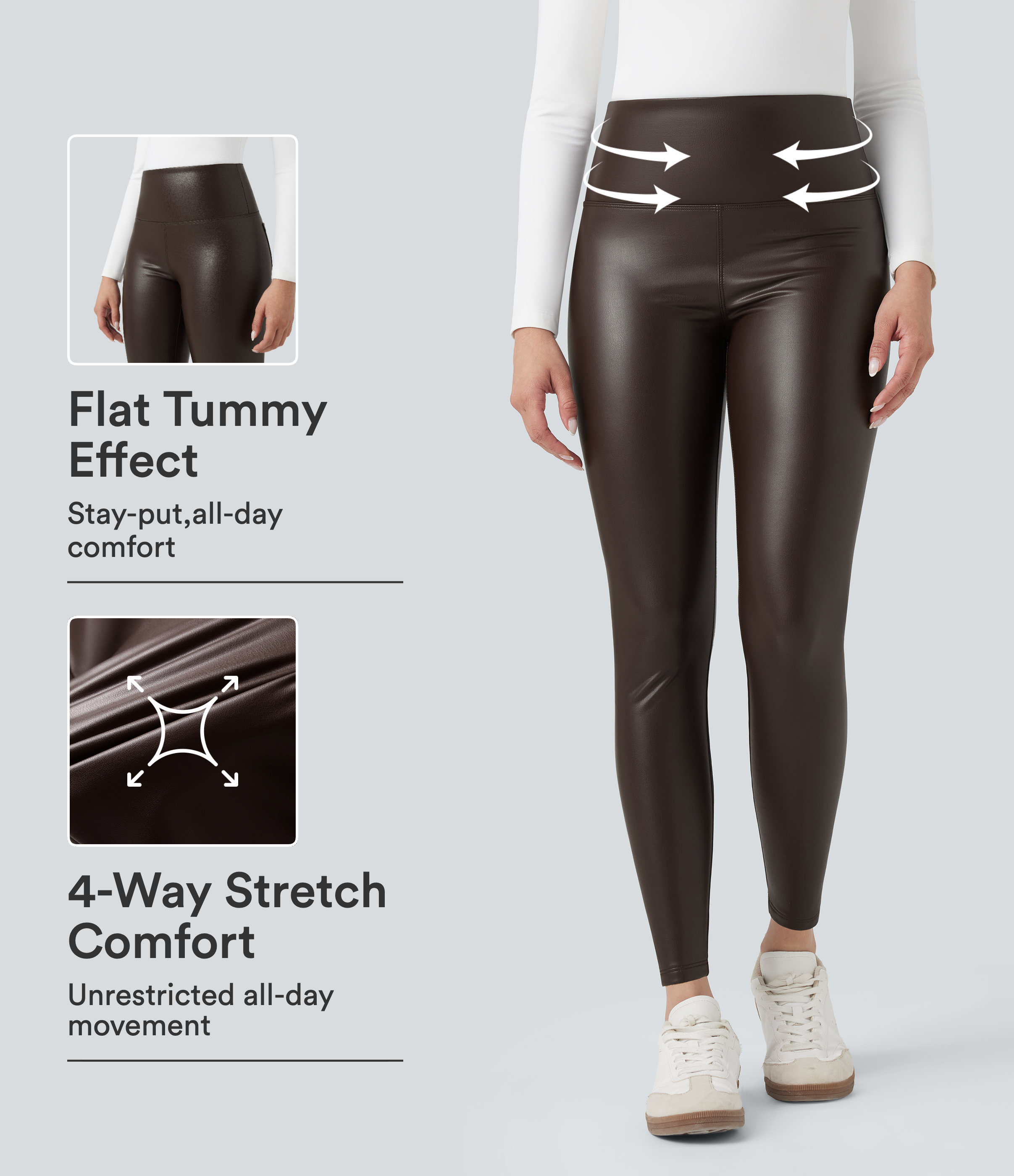 High Waisted Tummy Control Stretchy PU Fleece 7/8 Skinny Casual Leggings with Pockets