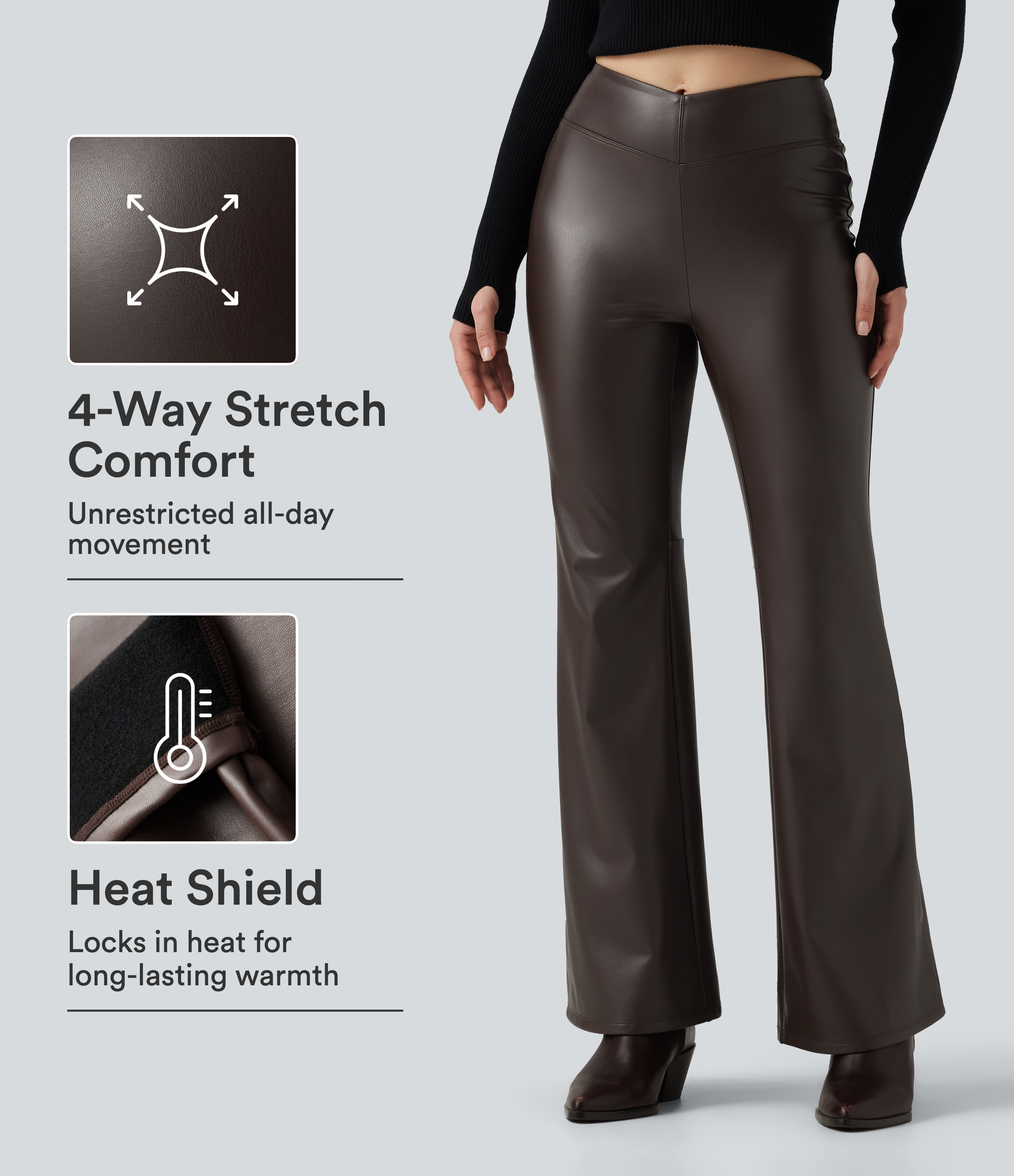 Mid Rise Stretchy PU Fleece Bootcut Casual Pants with Pocket