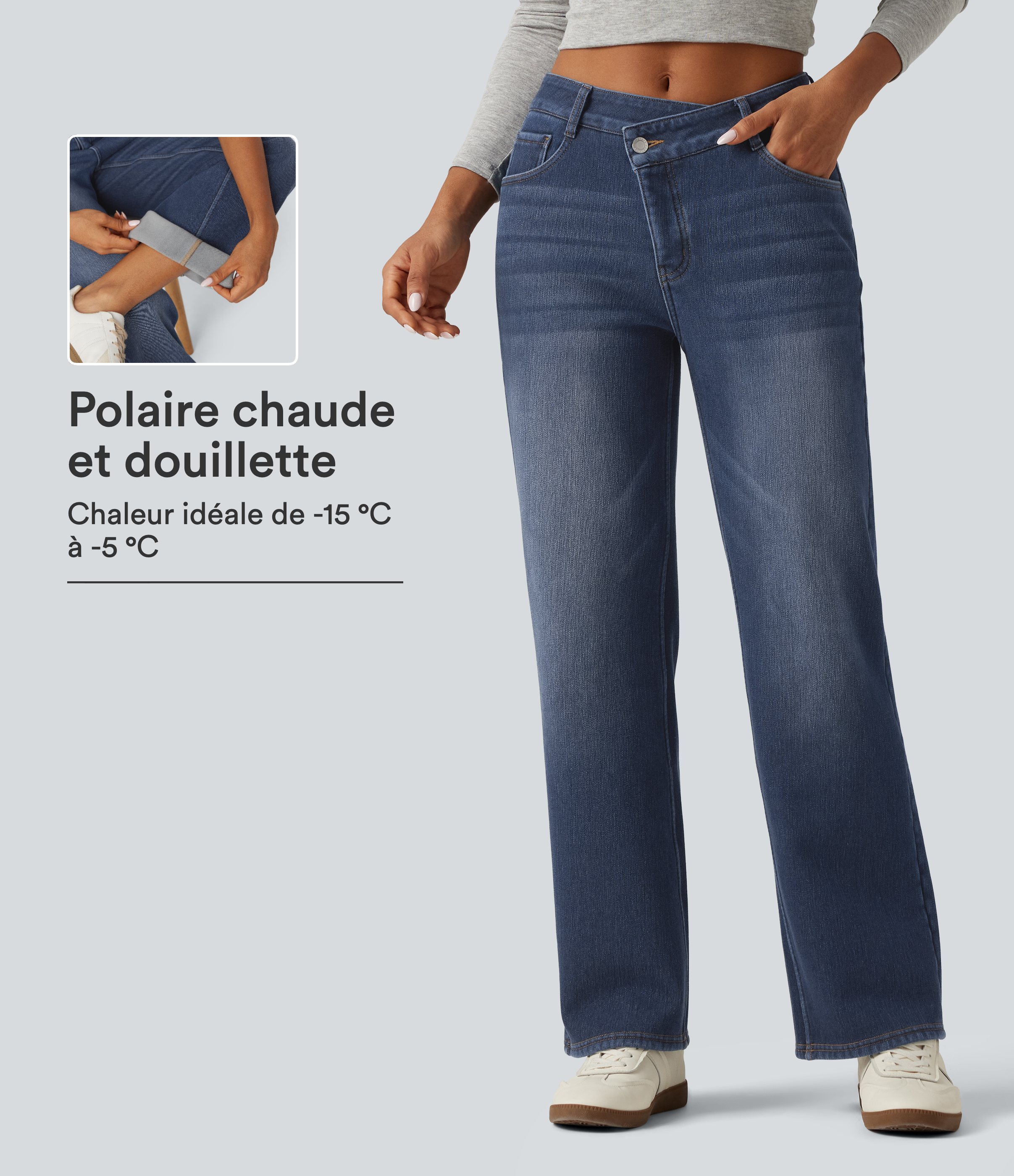 Estate Blue Denim Jean droit doublé polaire à taille mi-haute, design asymétrique avec poches / 1