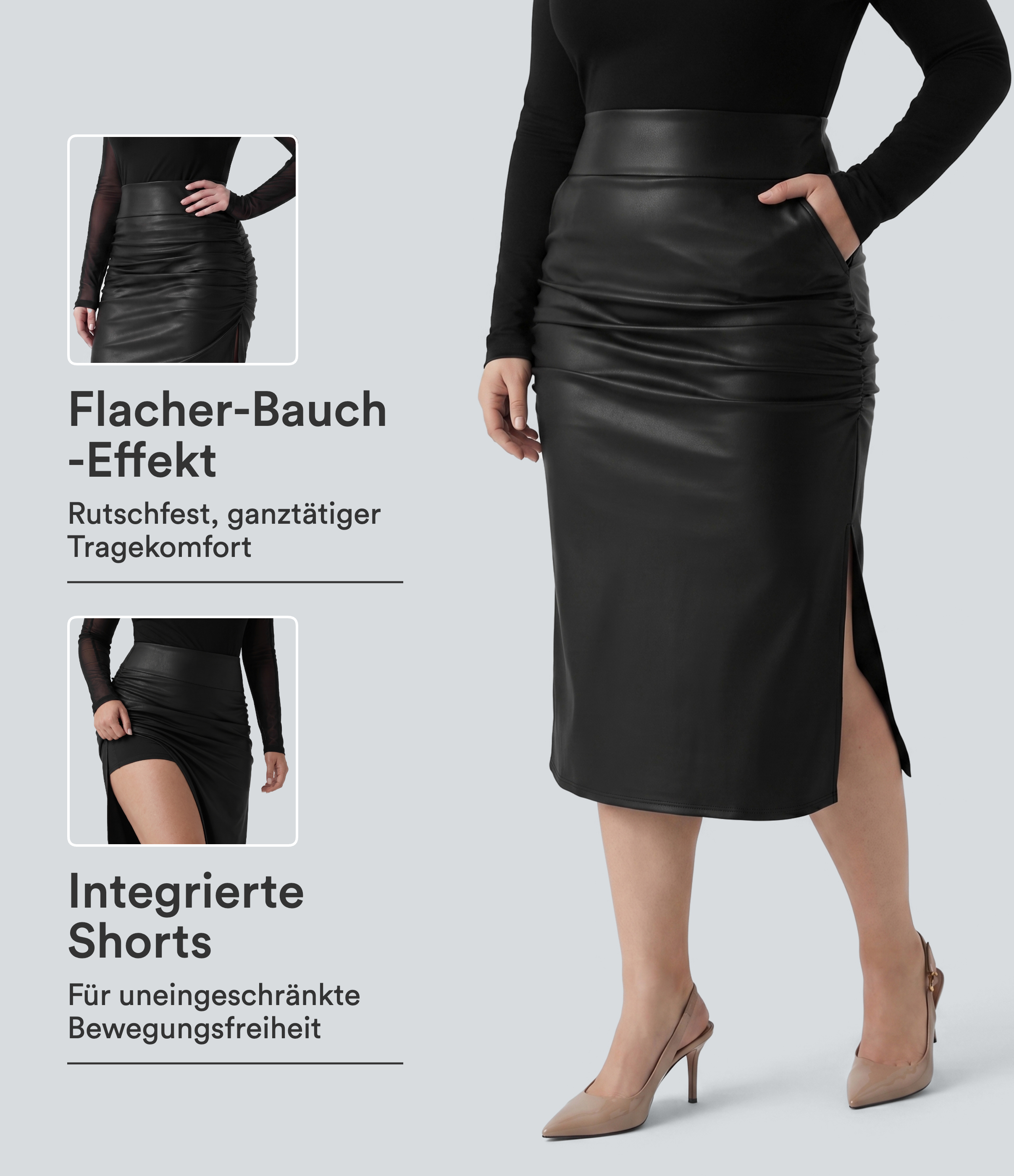 Lässiger, geraffter 2-in-1 Midirock aus Fleece-Kunstleder mit hohem Bund, Bauchkontrolle und abgerundetem Saum - Plus-Size