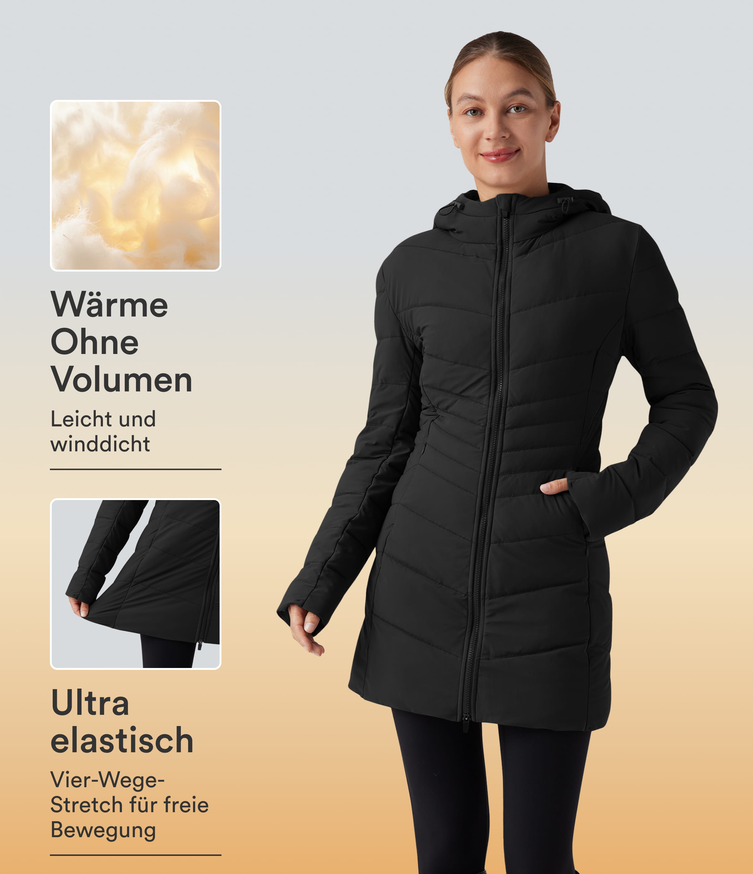PuffFlex - Lässige, gefütterte Jacke mit Kapuze und Seitentaschen - extralang, stretchy